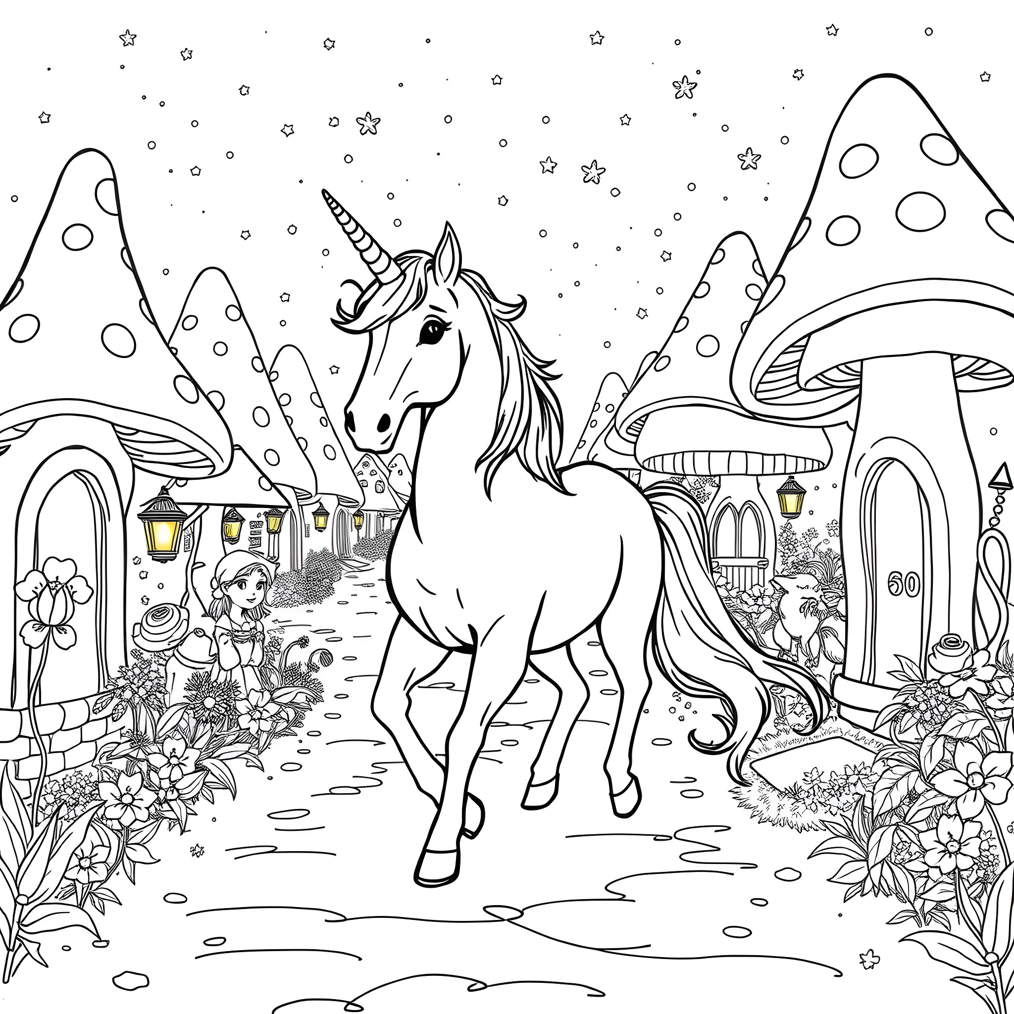 Unicorn exploring the magical mushroom forest Coloring Page (free black-and-white line drawing printable PDF for all, from beginners to advanced learners, including children, teens, adults, and seniors)