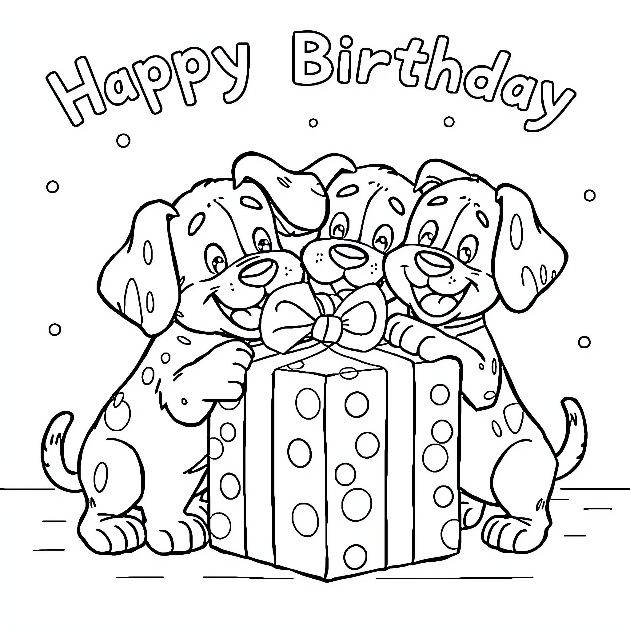 Puppy Pals Celebrate a Happy Birthday Coloring Page (free black-and-white line drawing printable PDF for all, from beginners to advanced learners, including children, teens, adults, and seniors)