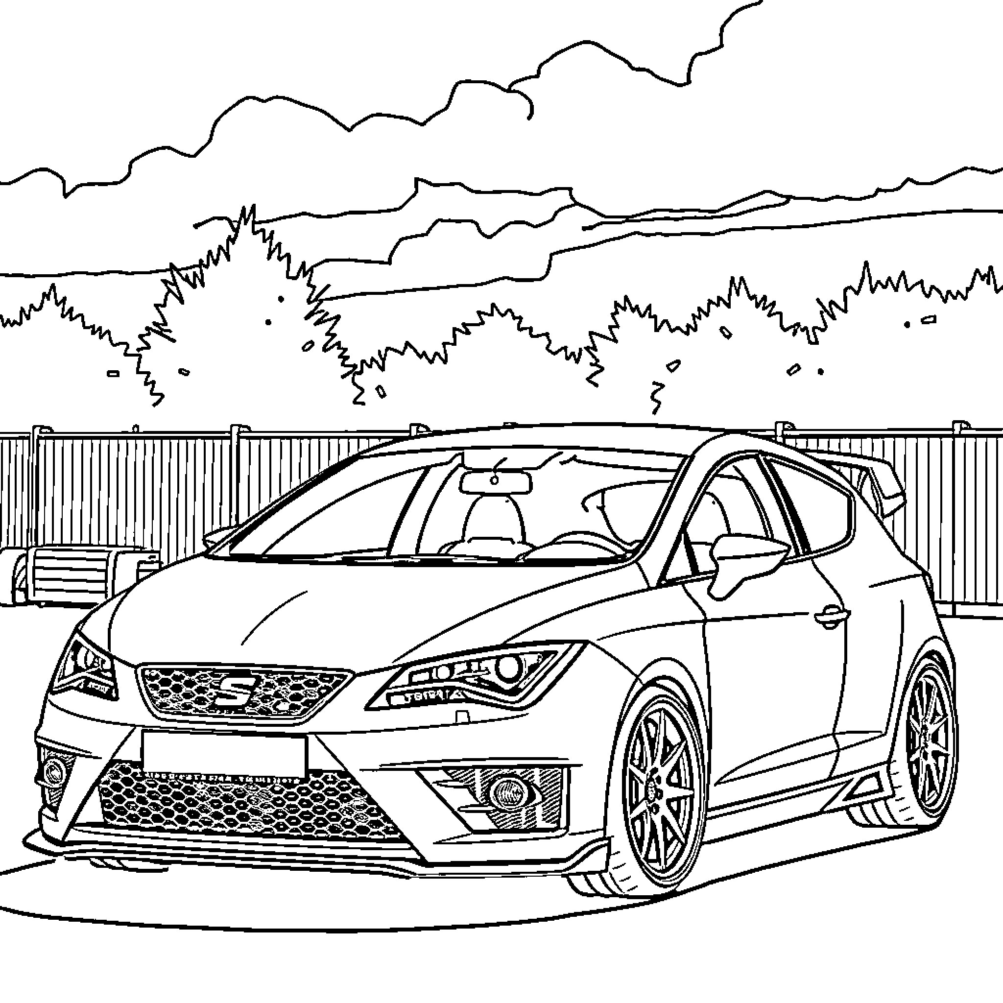 Seat vehicle parked in scenic mountain landscape Coloring Page (free black-and-white line drawing printable PDF for all, from beginners to advanced learners, including children, teens, adults, and seniors)
