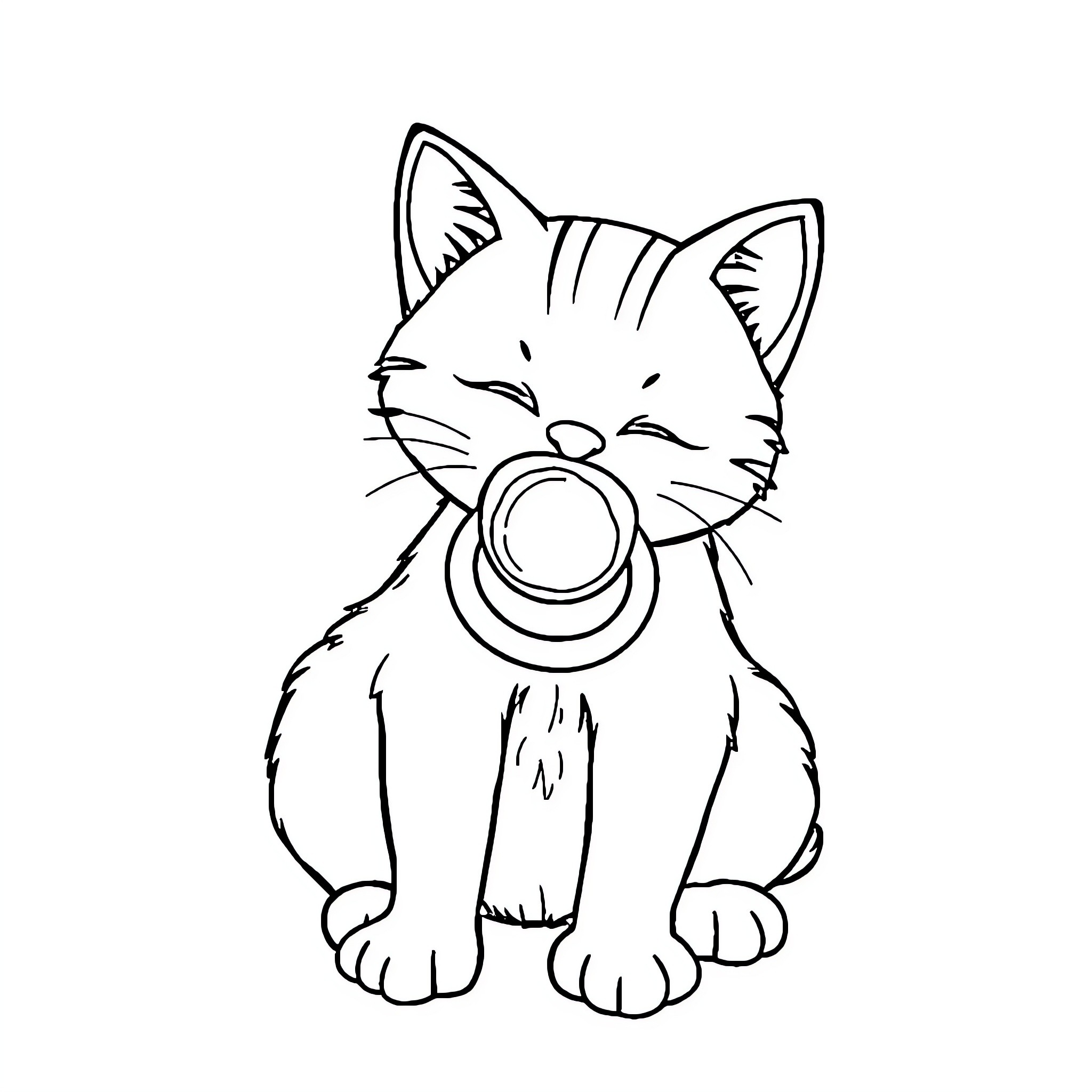 Cat with a pacifier Coloring Page (free black-and-white line drawing printable PDF for all, from beginners to advanced learners, including children, teens, adults, and seniors)