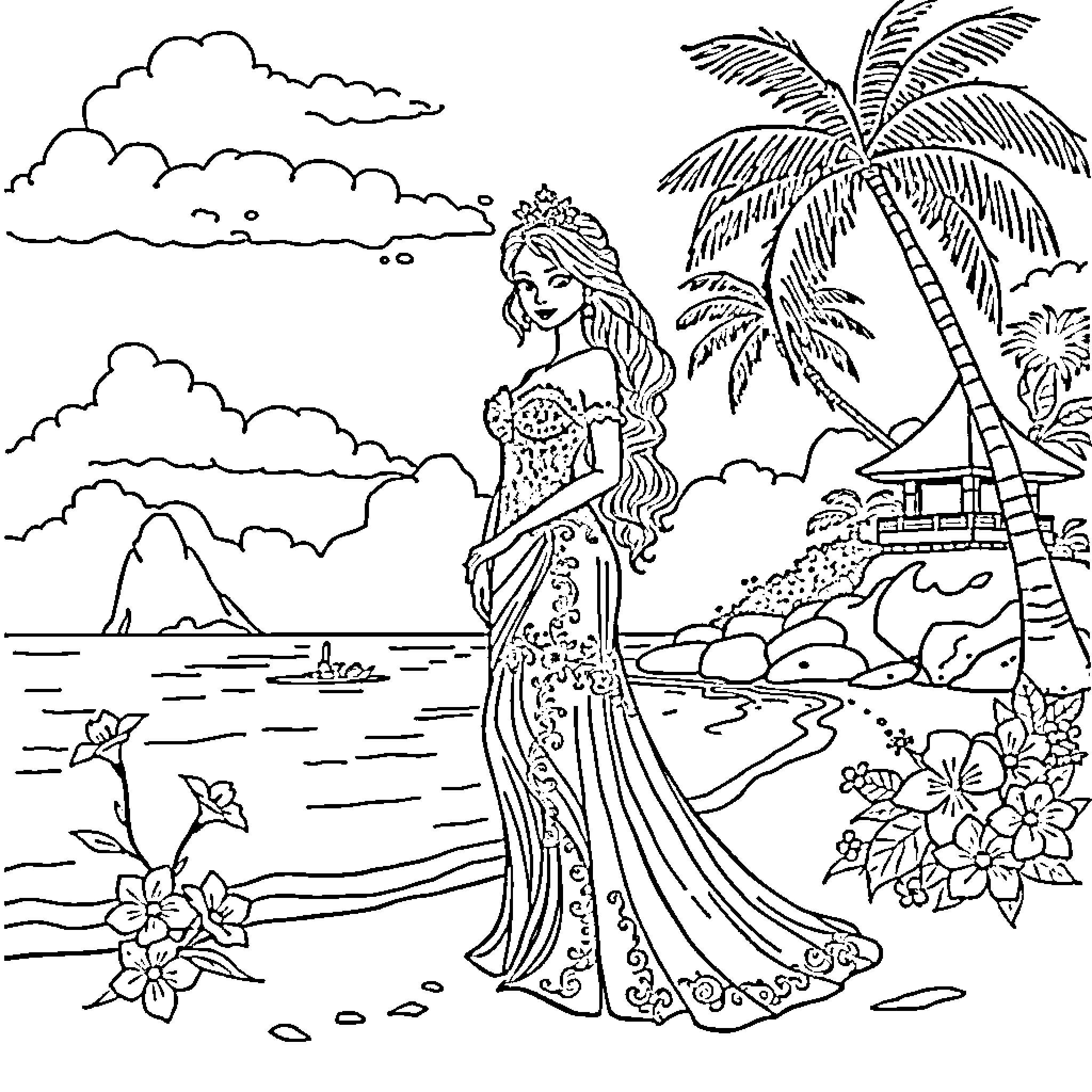 Princess in a Tropical Paradise Coloring Page (free black-and-white line drawing printable PDF for all, from beginners to advanced learners, including children, teens, adults, and seniors)
