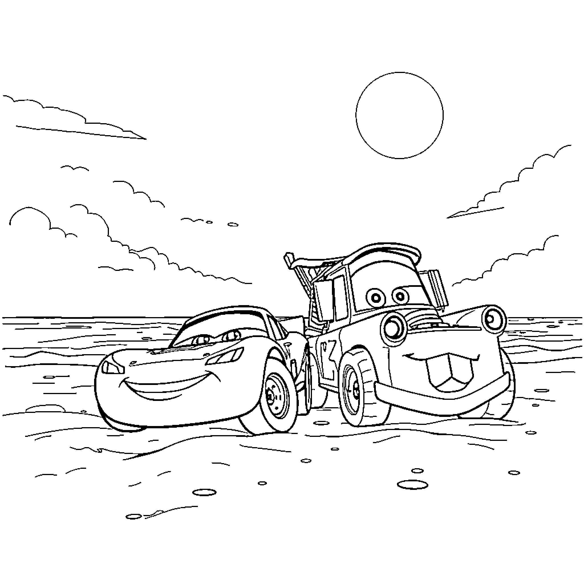 McQueen and Mater's beach adventure Coloring Page (free black-and-white line drawing printable PDF for all, from beginners to advanced learners, including children, teens, adults, and seniors)