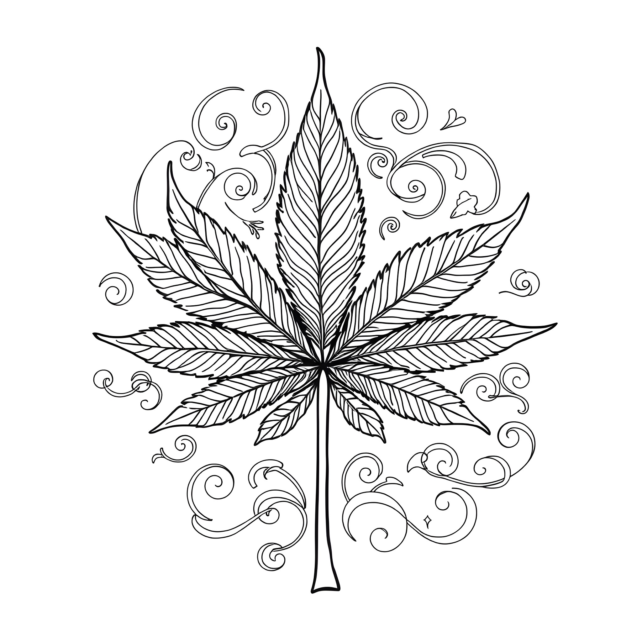 Cannabis Leaf with Ornamental Swirls Coloring Page (free black-and-white line drawing printable PDF for all, from beginners to advanced learners, including children, teens, adults, and seniors)