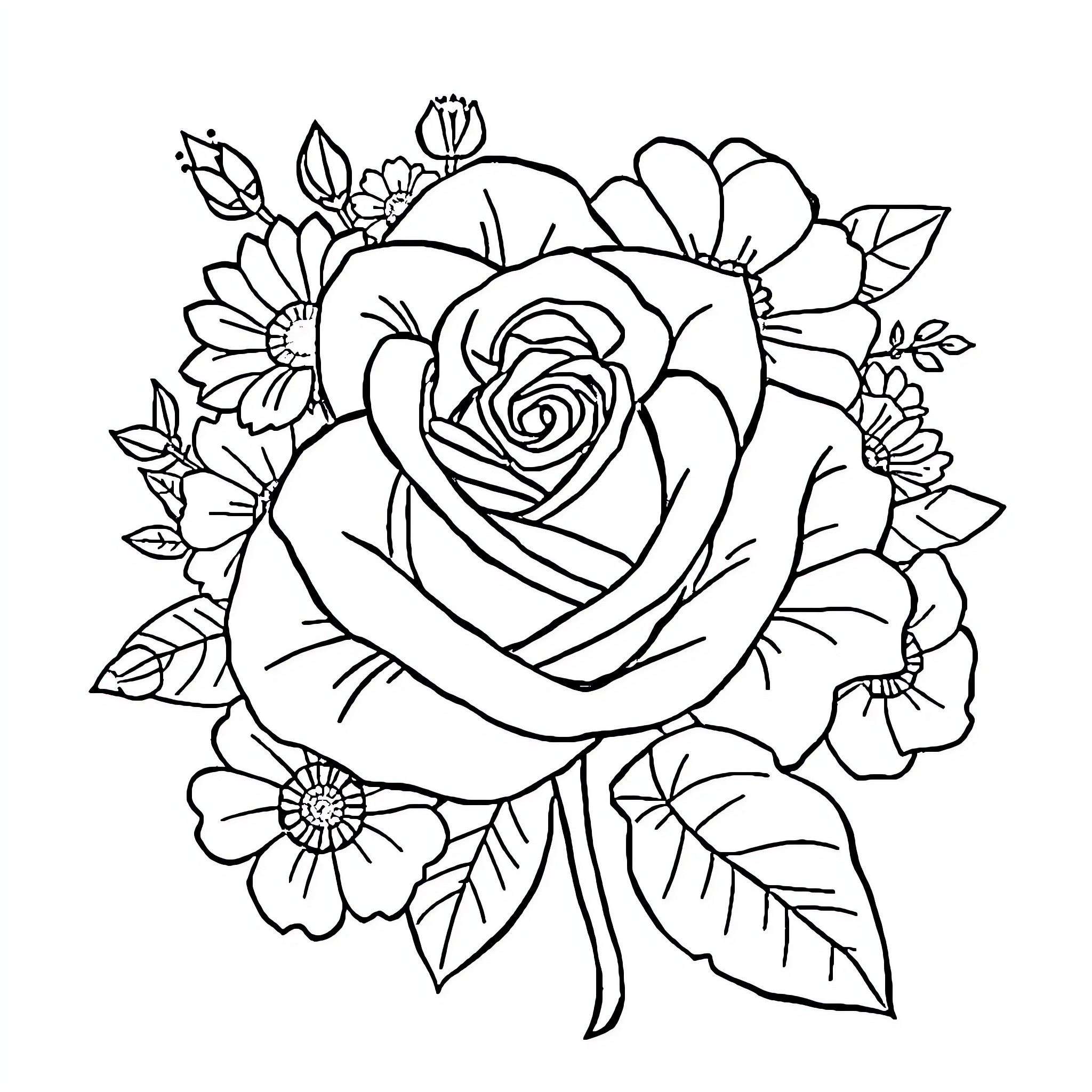 Logo of elegant rose and floral arrangement Coloring Page (free black-and-white line drawing printable PDF for all, from beginners to advanced learners, including children, teens, adults, and seniors)