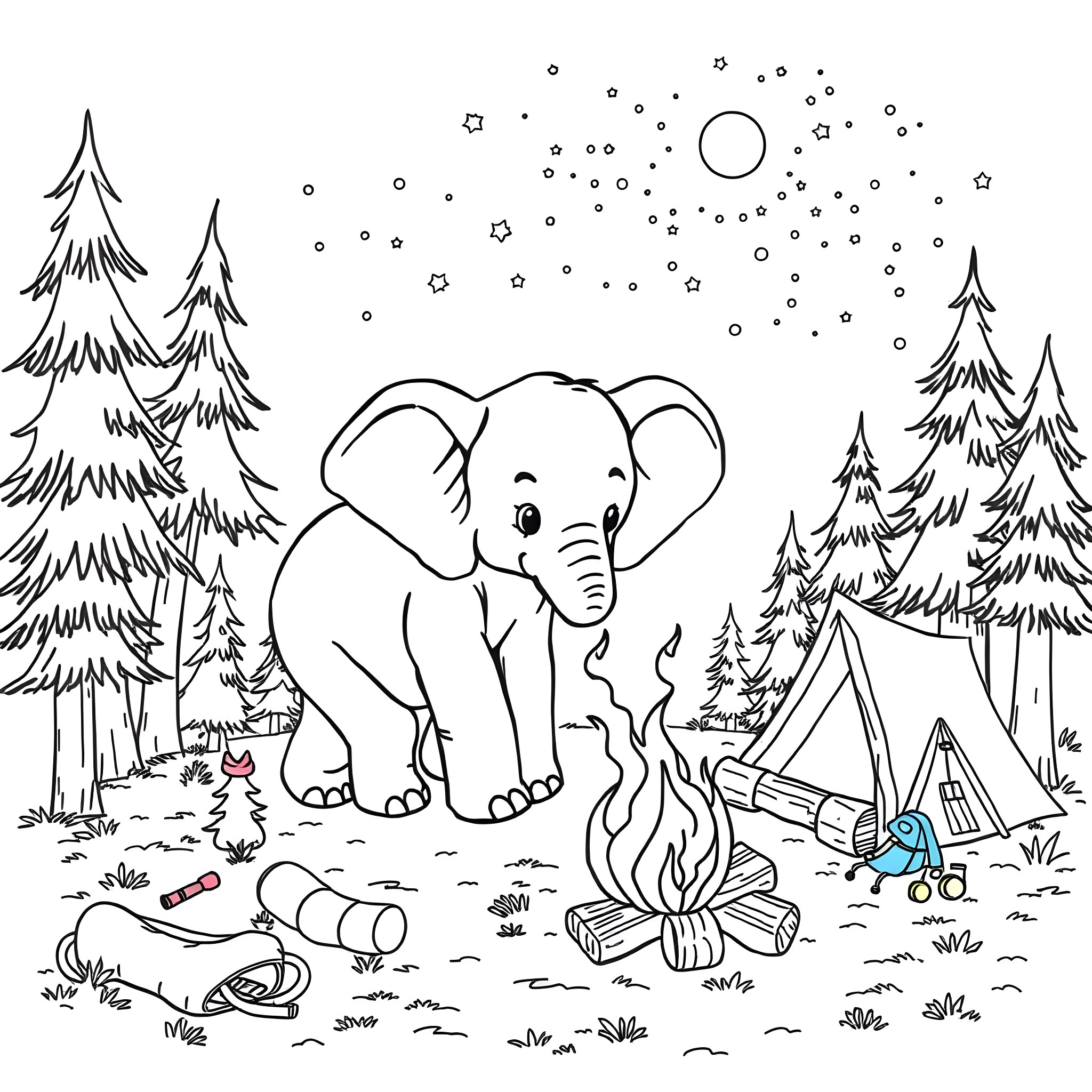 Baby Elephant Camping in the Forest Coloring Page (free black-and-white line drawing printable PDF for all, from beginners to advanced learners, including children, teens, adults, and seniors)