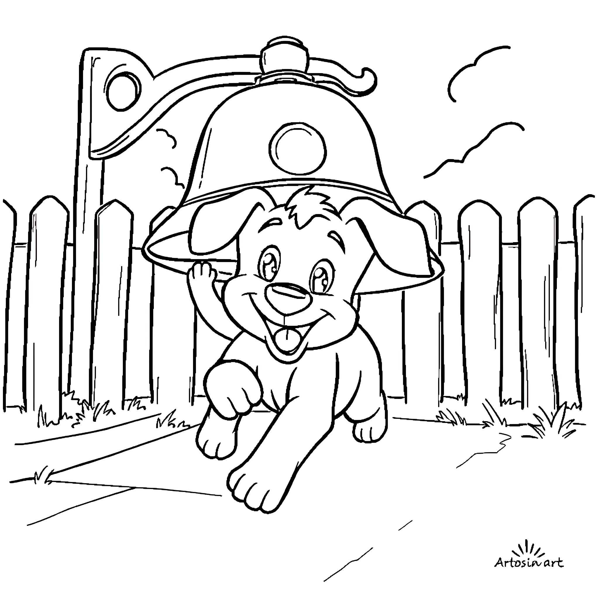 Puppy playing happily in the park Coloring Page (free black-and-white line drawing printable PDF for all, from beginners to advanced learners, including children, teens, adults, and seniors)