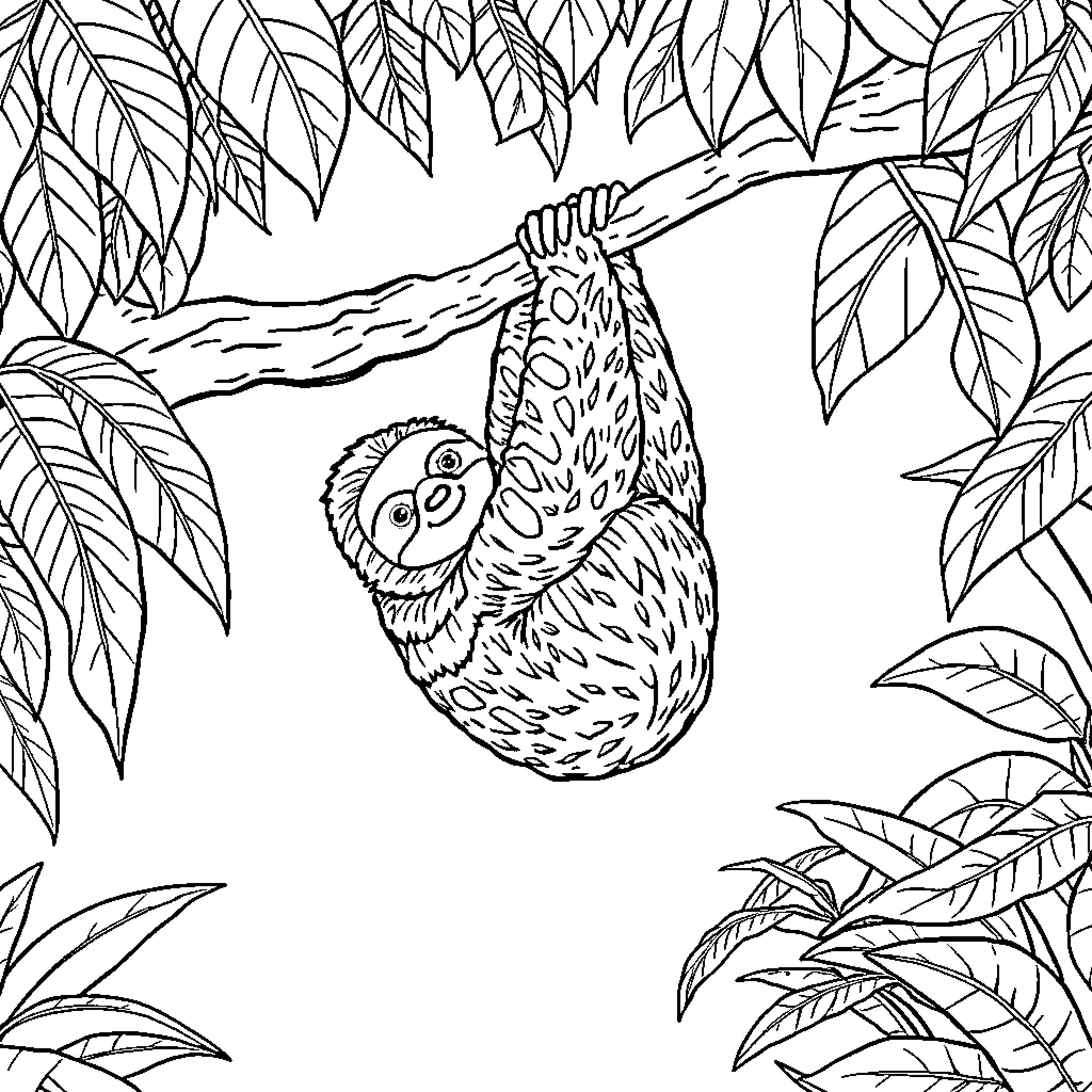 Sloth relaxing peacefully in the lush foliage Coloring Page (free black-and-white line drawing printable PDF for all, from beginners to advanced learners, including children, teens, adults, and seniors)