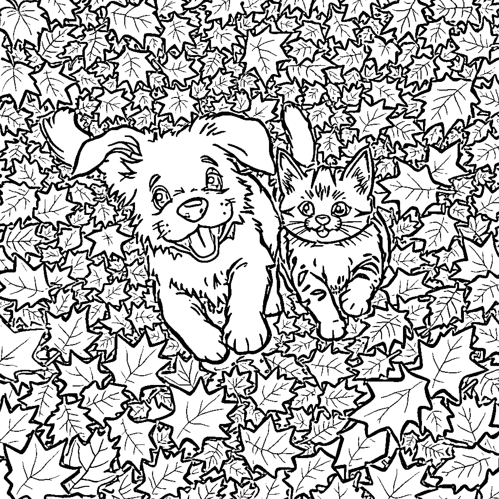 Dog and Cat among Autumn Leaves Coloring Page (free black-and-white line drawing printable PDF for all, from beginners to advanced learners, including children, teens, adults, and seniors)