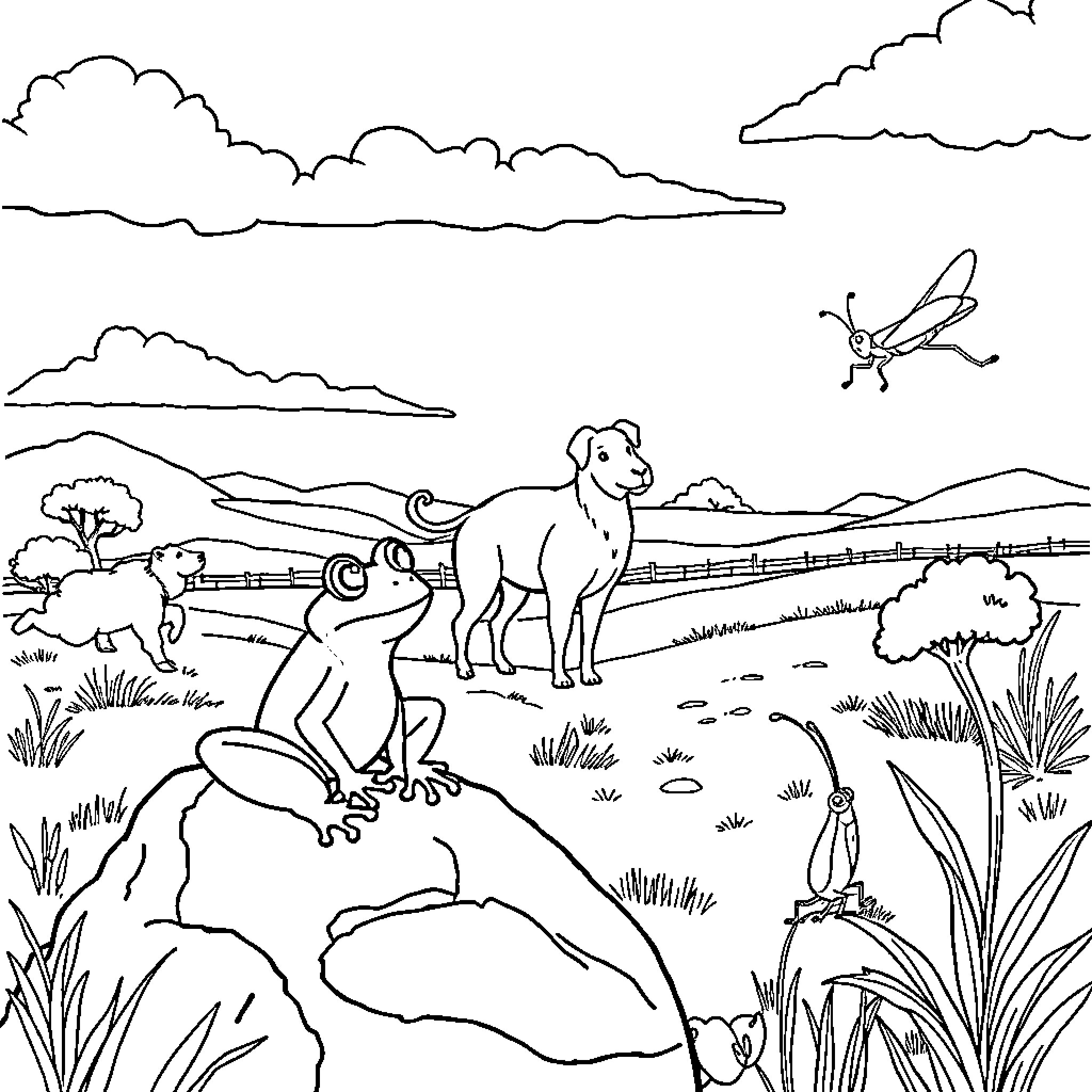Frog and friends enjoying nature scene Coloring Page (free black-and-white line drawing printable PDF for all, from beginners to advanced learners, including children, teens, adults, and seniors)