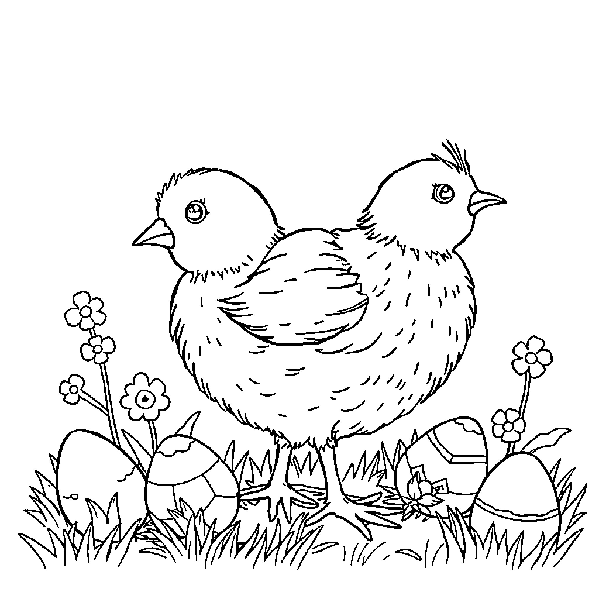 Poule among springtime flowers and eggs Coloring Page (free black-and-white line drawing printable PDF for all, from beginners to advanced learners, including children, teens, adults, and seniors)