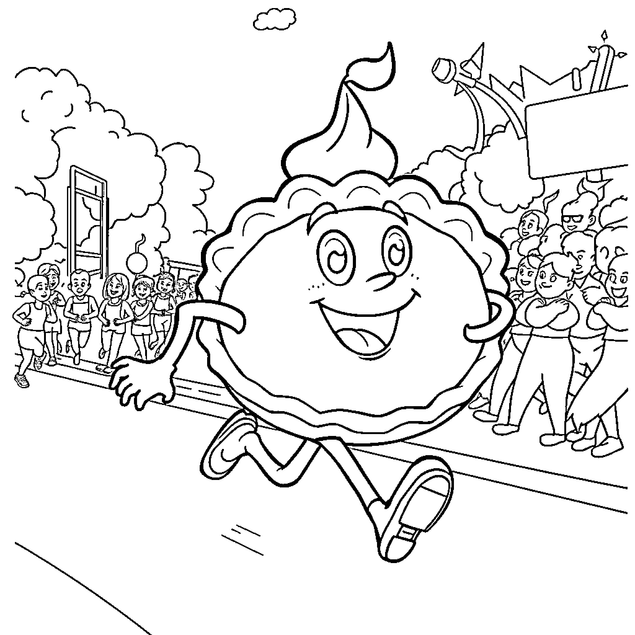Pie enjoying a fun carnival event Coloring Page (free black-and-white line drawing printable PDF for all, from beginners to advanced learners, including children, teens, adults, and seniors)