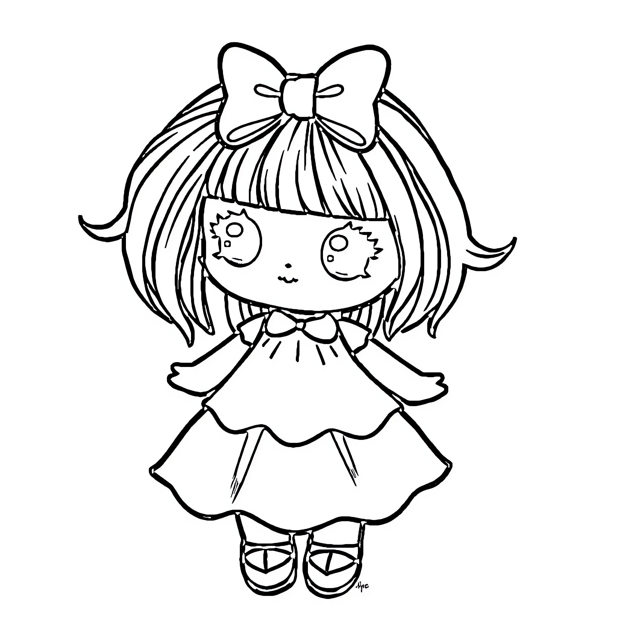 Doll with a Bow in a Dress Coloring Page (free black-and-white line drawing printable PDF for all, from beginners to advanced learners, including children, teens, adults, and seniors)