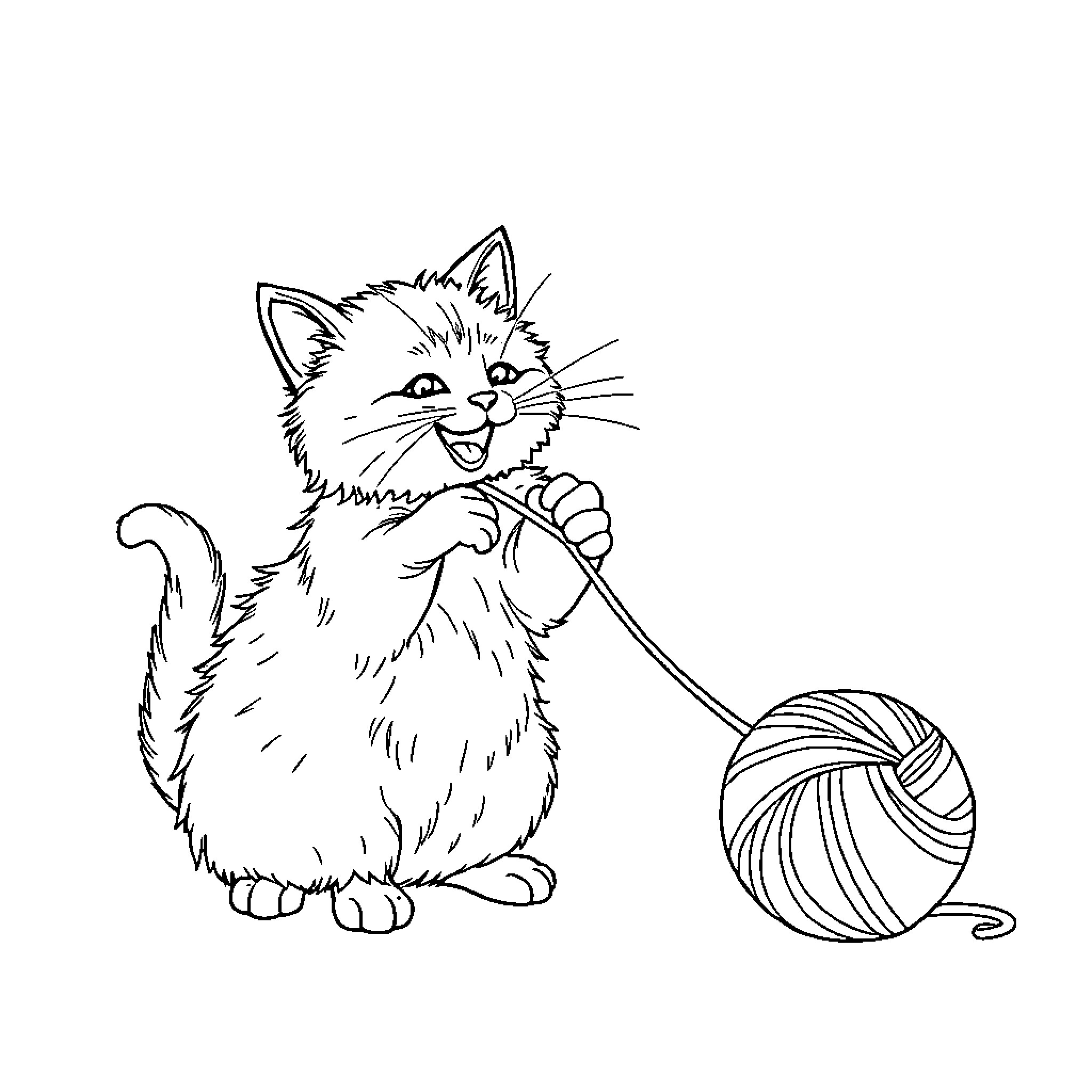 Cat playing with ball of yarn Coloring Page (free black-and-white line drawing printable PDF for all, from beginners to advanced learners, including children, teens, adults, and seniors)