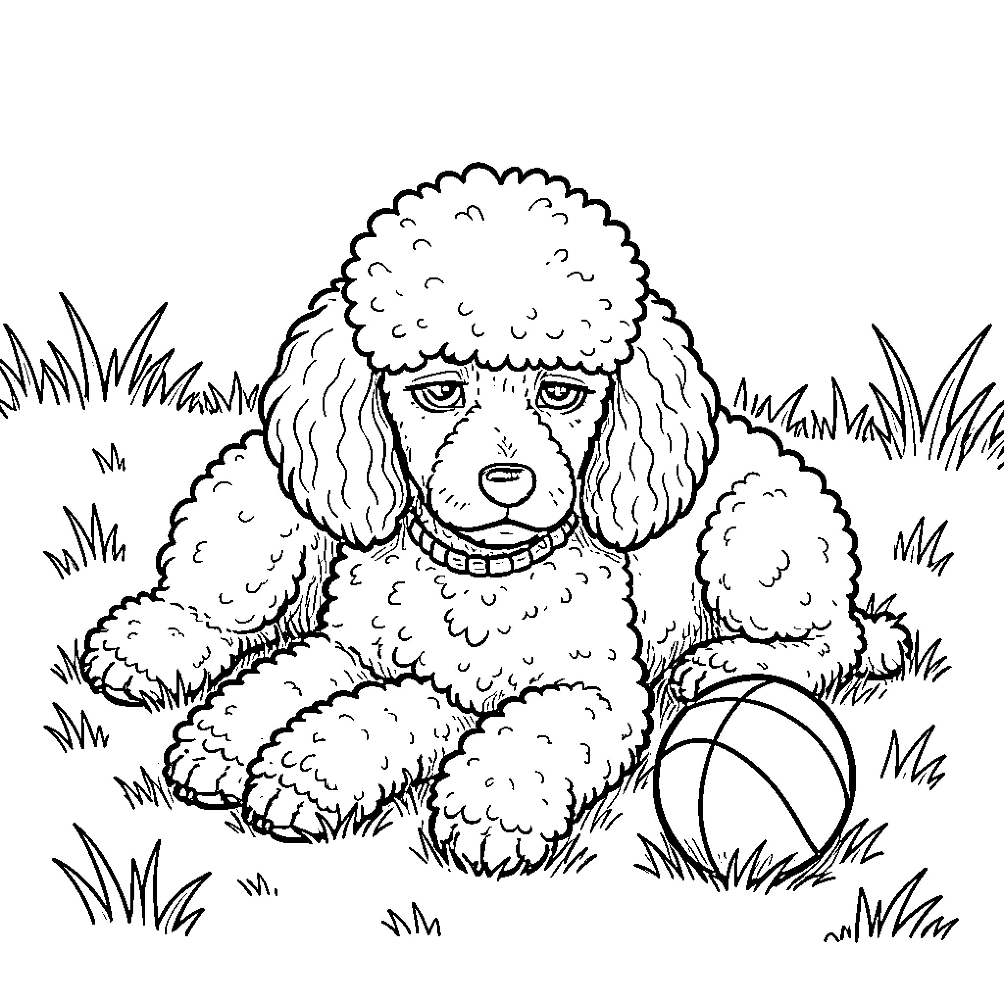 Poodle lying down in the grass with a ball Coloring Page (free black-and-white line drawing printable PDF for all, from beginners to advanced learners, including children, teens, adults, and seniors)