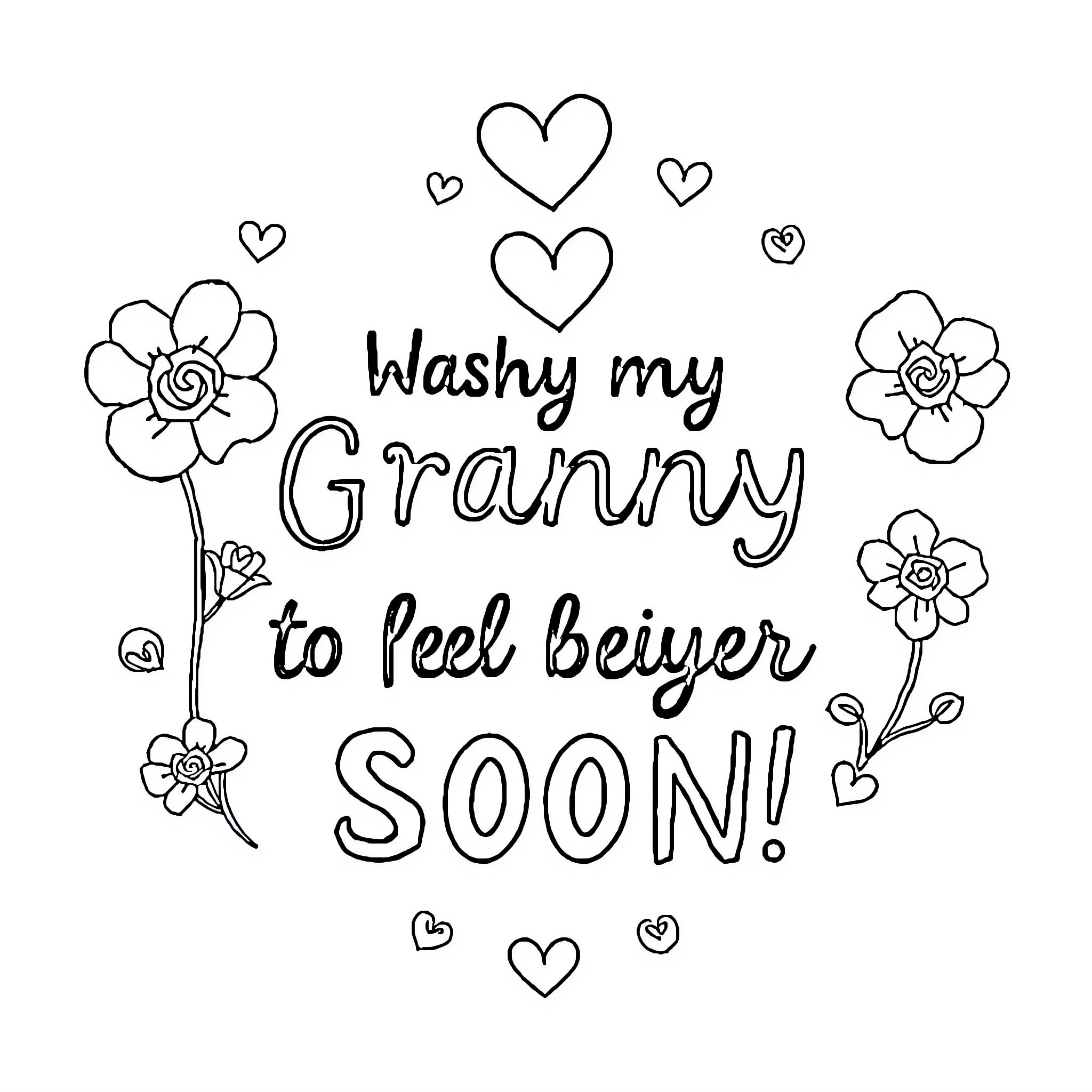 Granny's Loving Message of Wellness Coloring Page (free black-and-white line drawing printable PDF for all, from beginners to advanced learners, including children, teens, adults, and seniors)