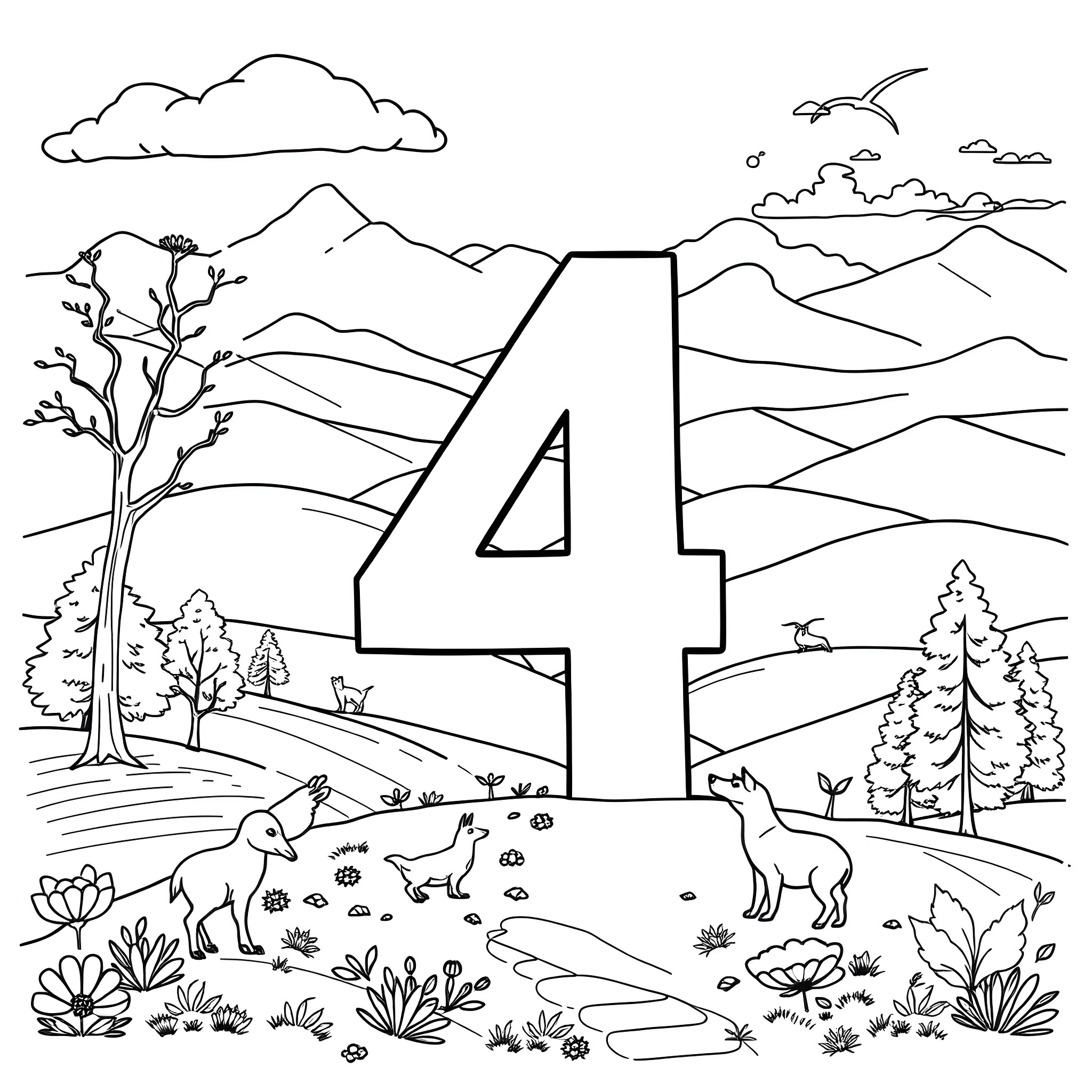 Number 4 - Animals in a natural landscape Coloring Page (free black-and-white line drawing printable PDF for all, from beginners to advanced learners, including children, teens, adults, and seniors)