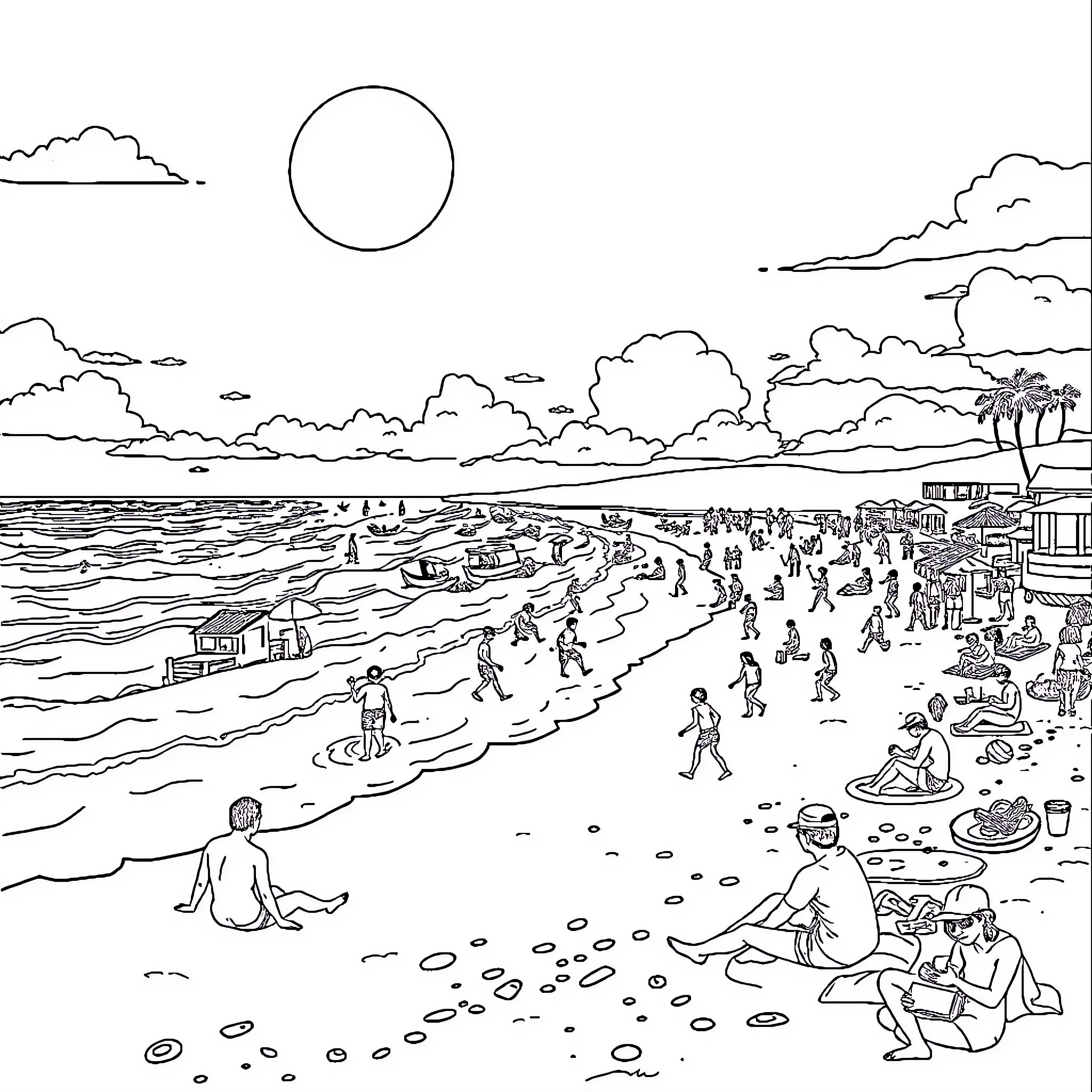 Beach scene with people enjoying the outdoors Coloring Page (free black-and-white line drawing printable PDF for all, from beginners to advanced learners, including children, teens, adults, and seniors)