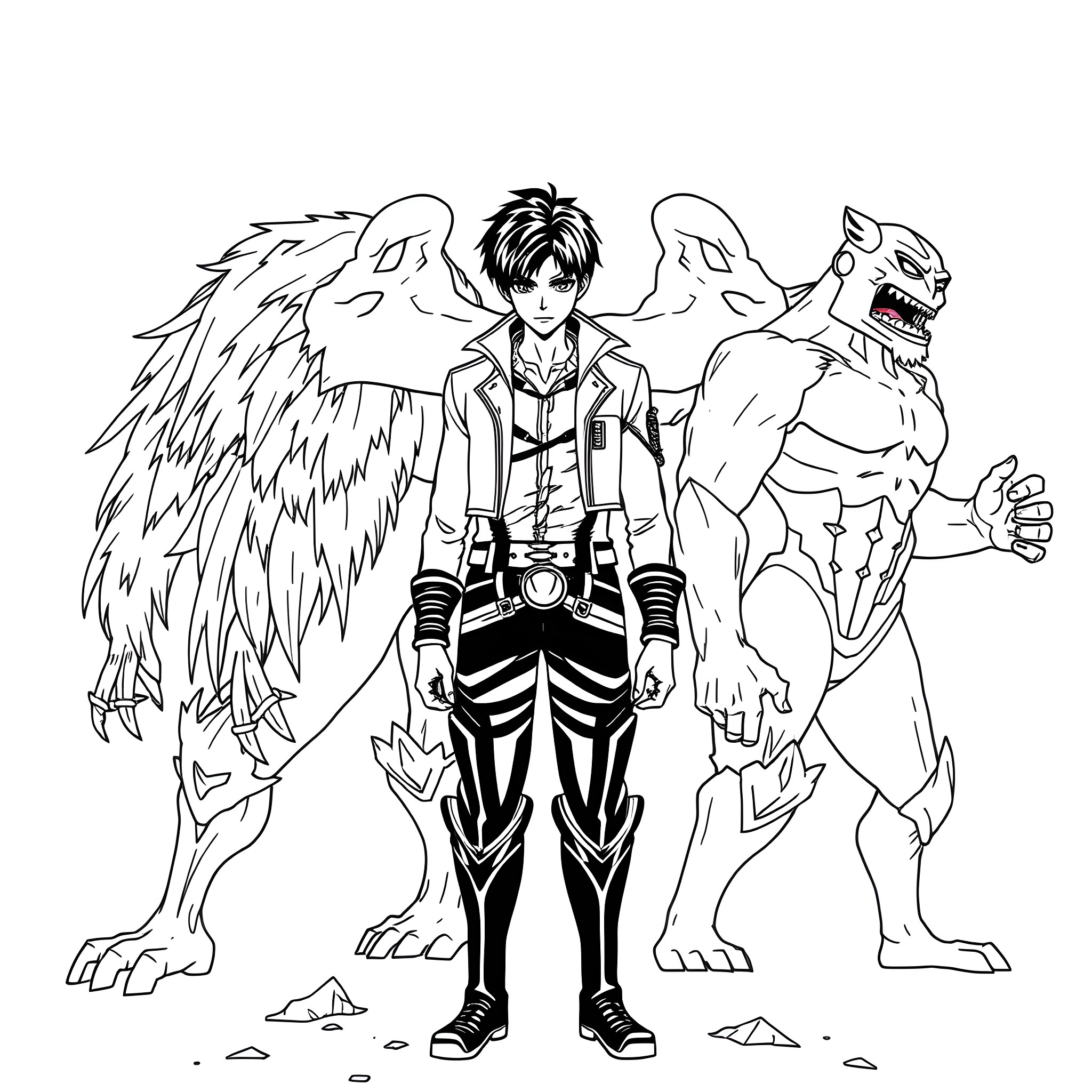 Eren's Powerful Transformation Coloring Page (free black-and-white line drawing printable PDF for all, from beginners to advanced learners, including children, teens, adults, and seniors)