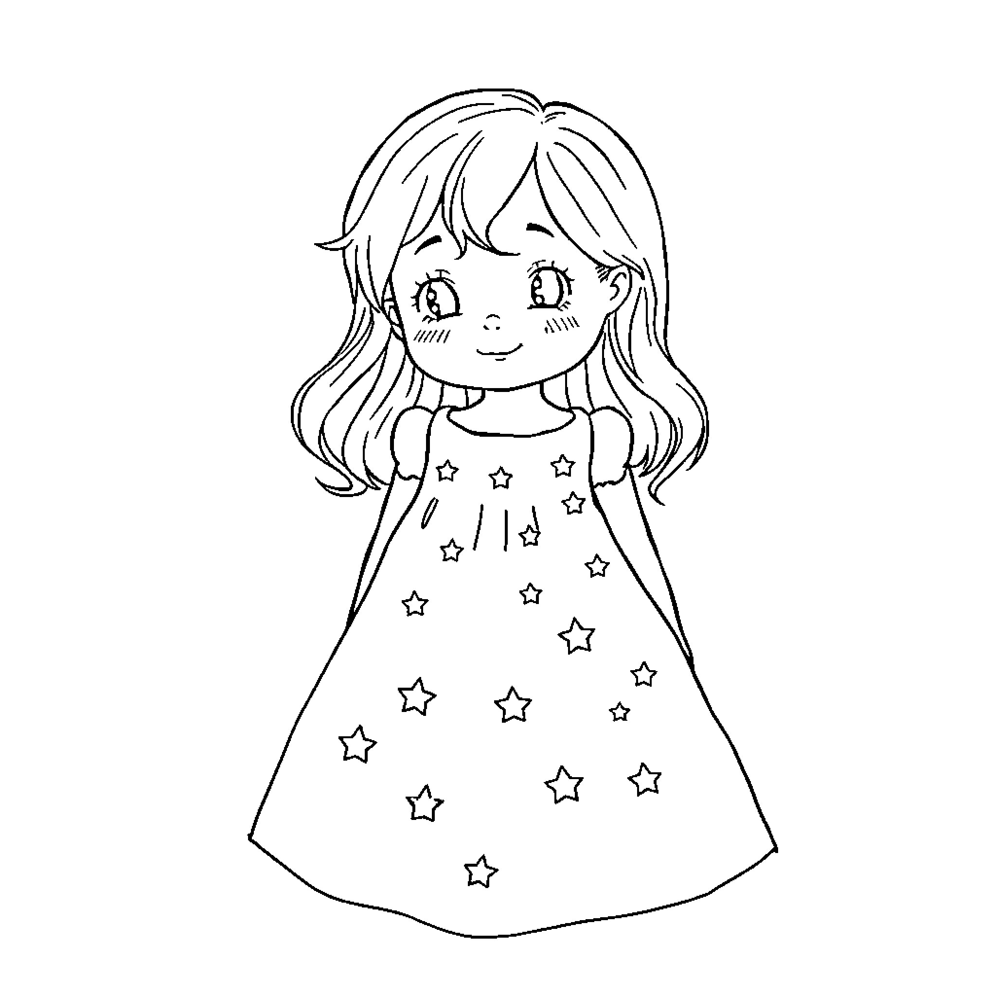 Girl in Starry Dress with Cheerful Expression Coloring Page (free black-and-white line drawing printable PDF for all, from beginners to advanced learners, including children, teens, adults, and seniors)