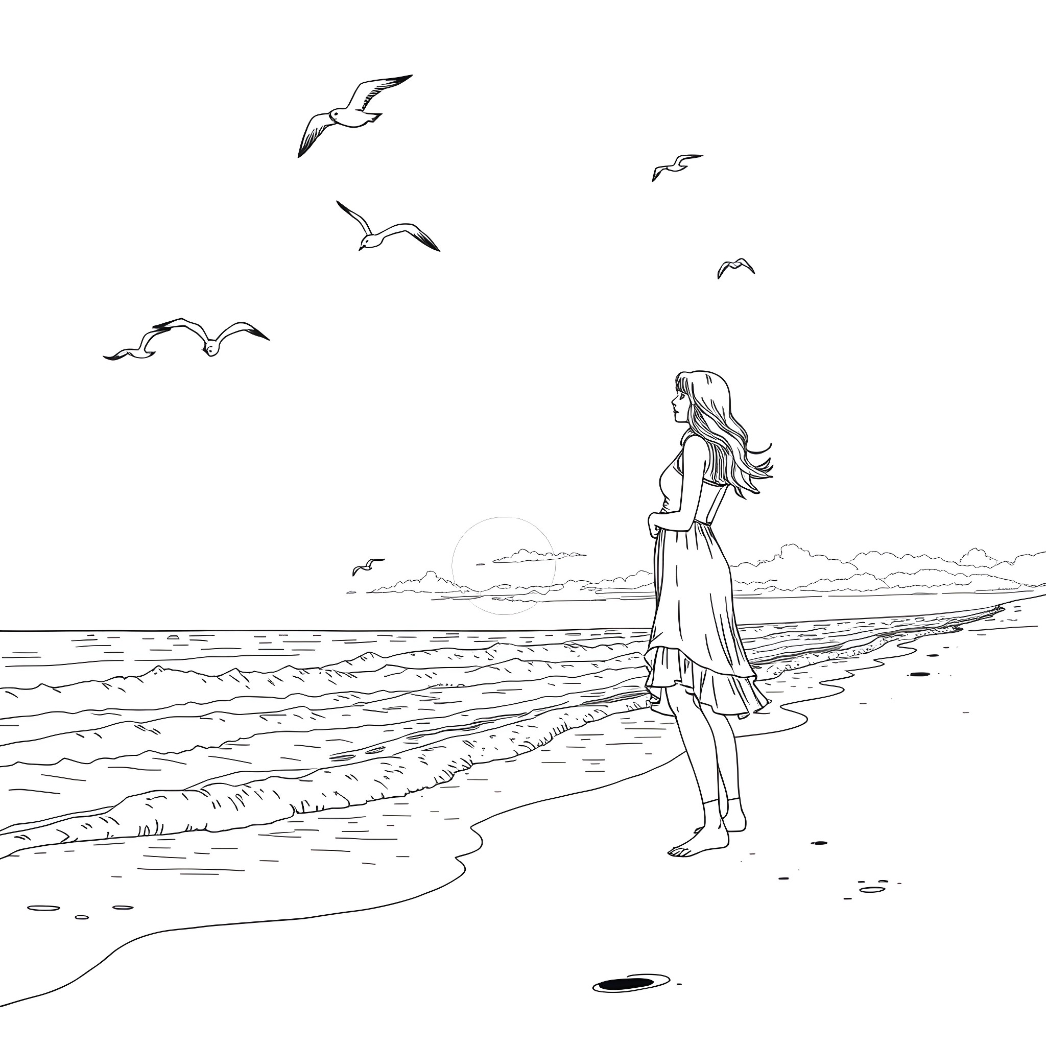 Sabrina Carpenter's tranquil stroll along the beach Coloring Page (free black-and-white line drawing printable PDF for all, from beginners to advanced learners, including children, teens, adults, and seniors)