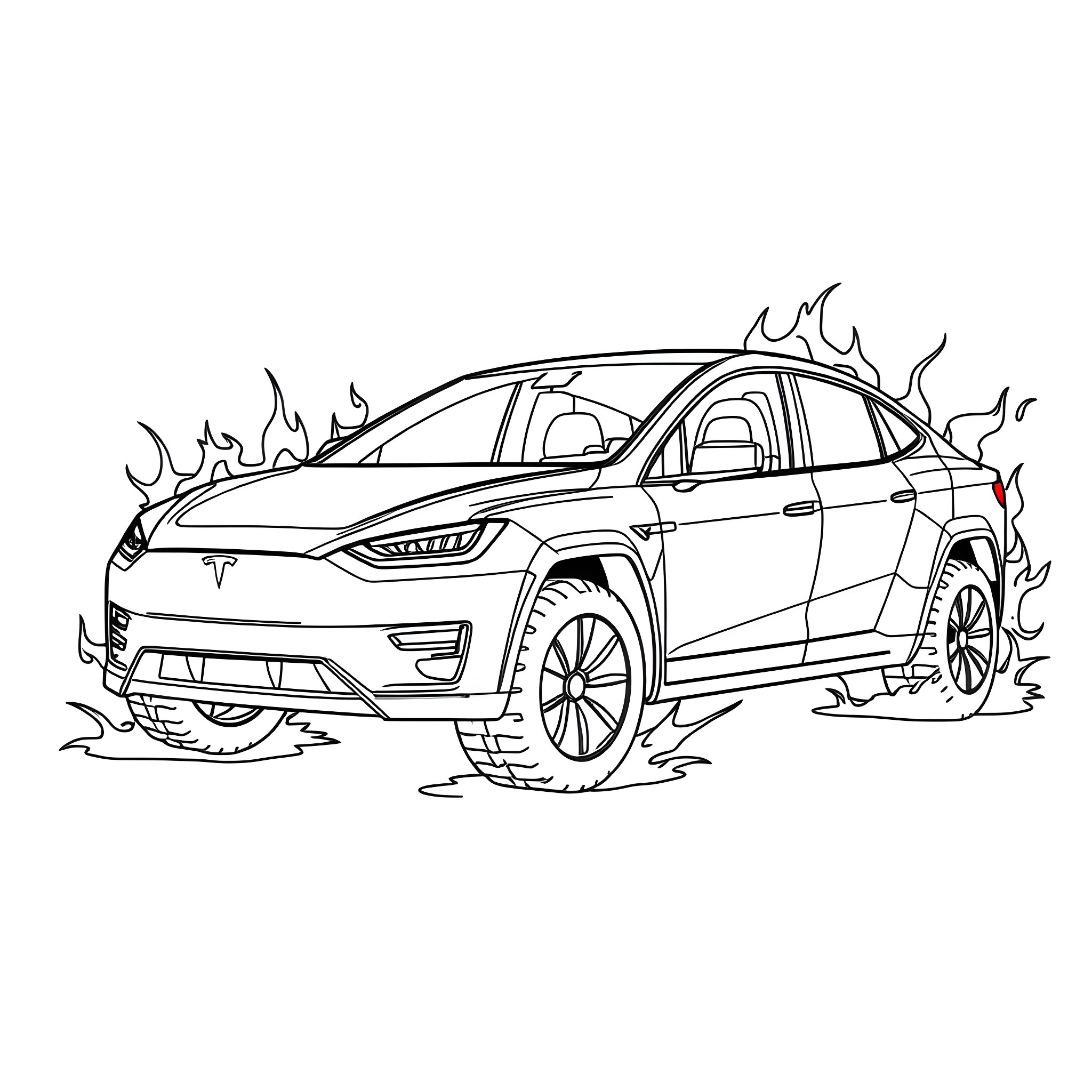 Tesla SUV in a fiery action scene Coloring Page (free black-and-white line drawing printable PDF for all, from beginners to advanced learners, including children, teens, adults, and seniors)