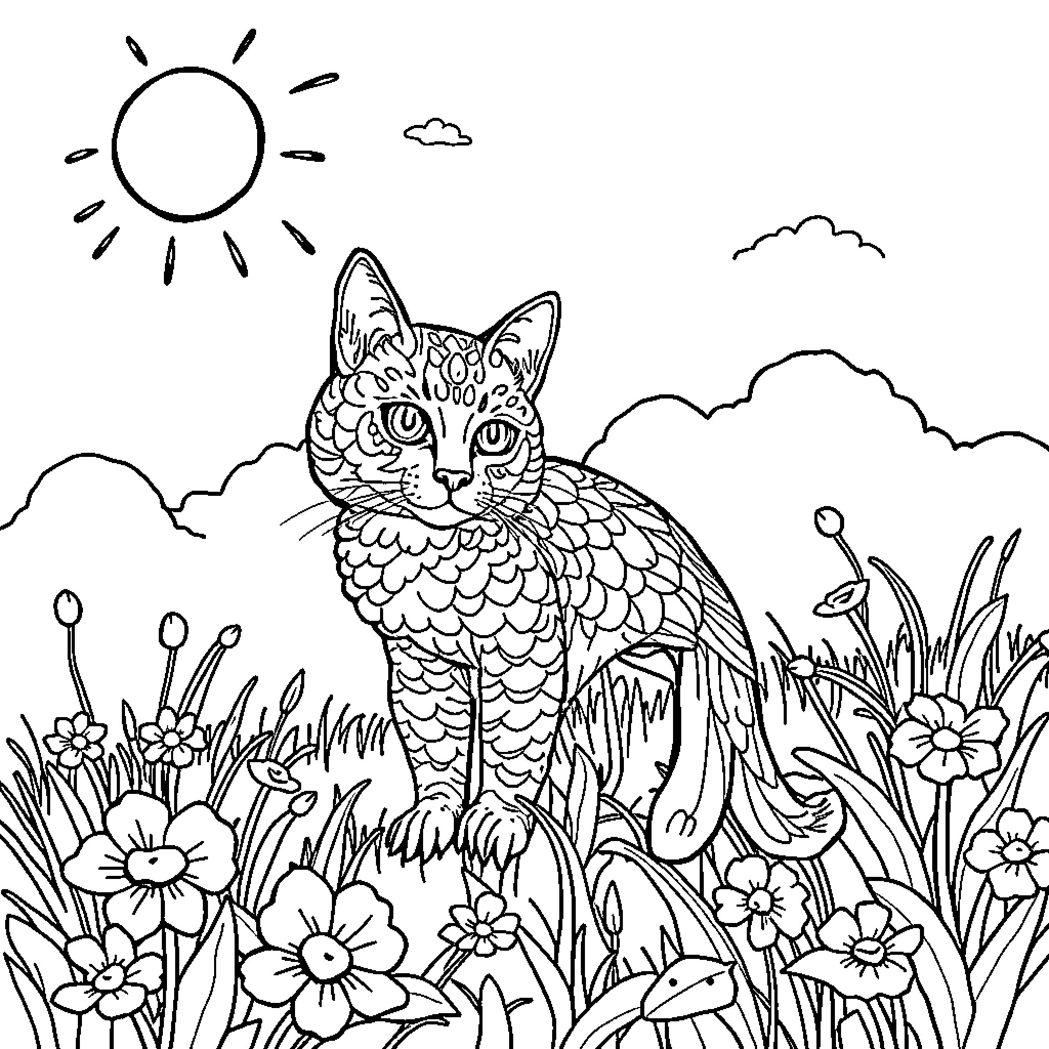 Kitten amid vibrant flowers and nature Coloring Page (free black-and-white line drawing printable PDF for all, from beginners to advanced learners, including children, teens, adults, and seniors)