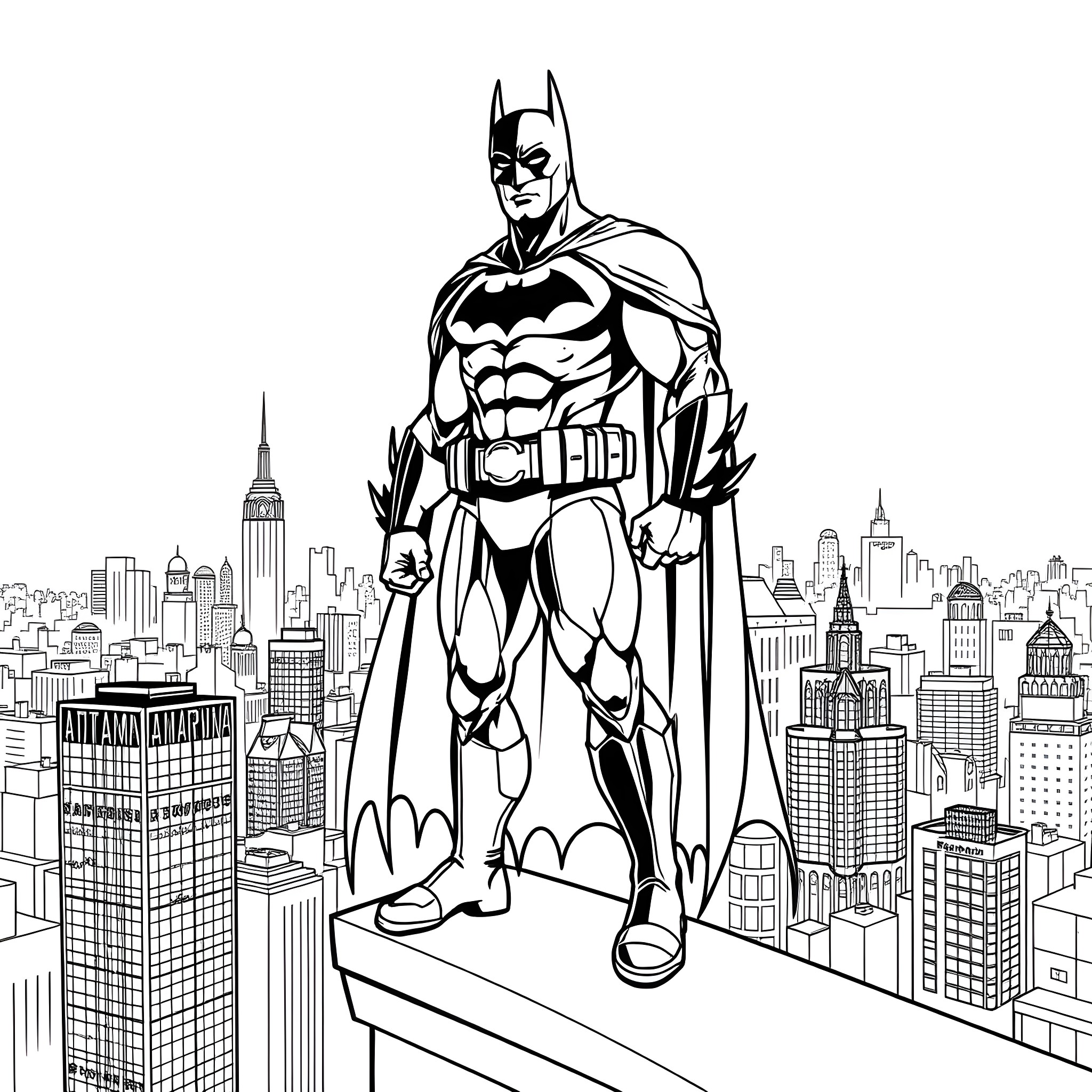 Batman overlooking the city skyline Coloring Page (free black-and-white line drawing printable PDF for all, from beginners to advanced learners, including children, teens, adults, and seniors)