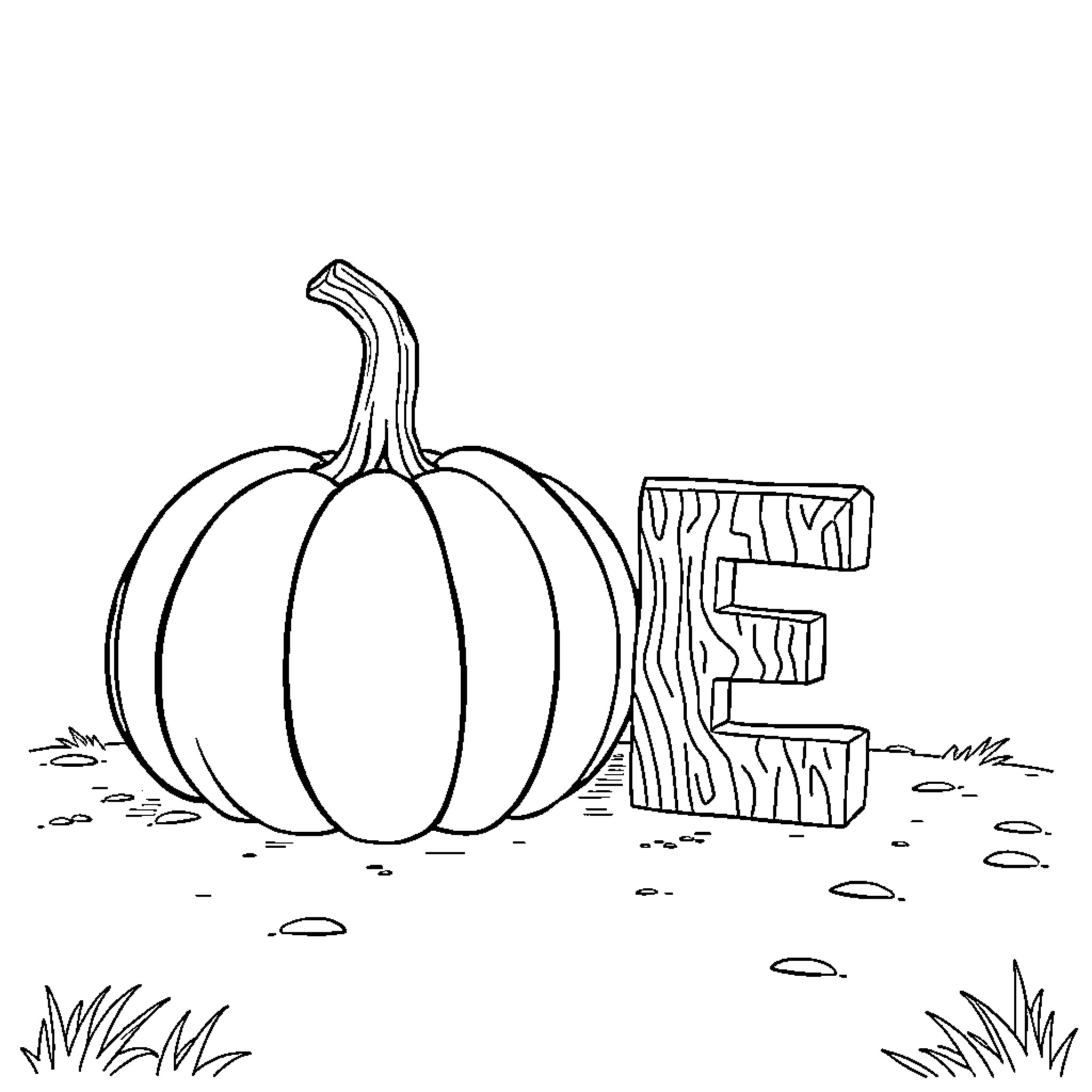 Pumpkin and letter E on wooden background Coloring Page (free black-and-white line drawing printable PDF for all, from beginners to advanced learners, including children, teens, adults, and seniors)