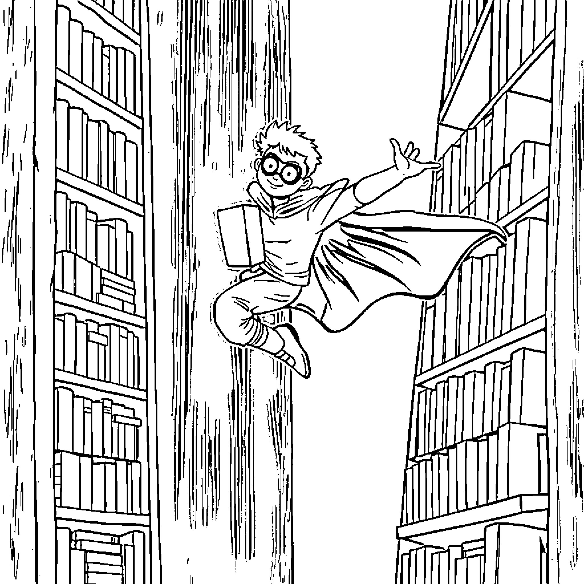 Librarian leaps through towering bookshelves Coloring Page (free black-and-white line drawing printable PDF for all, from beginners to advanced learners, including children, teens, adults, and seniors)