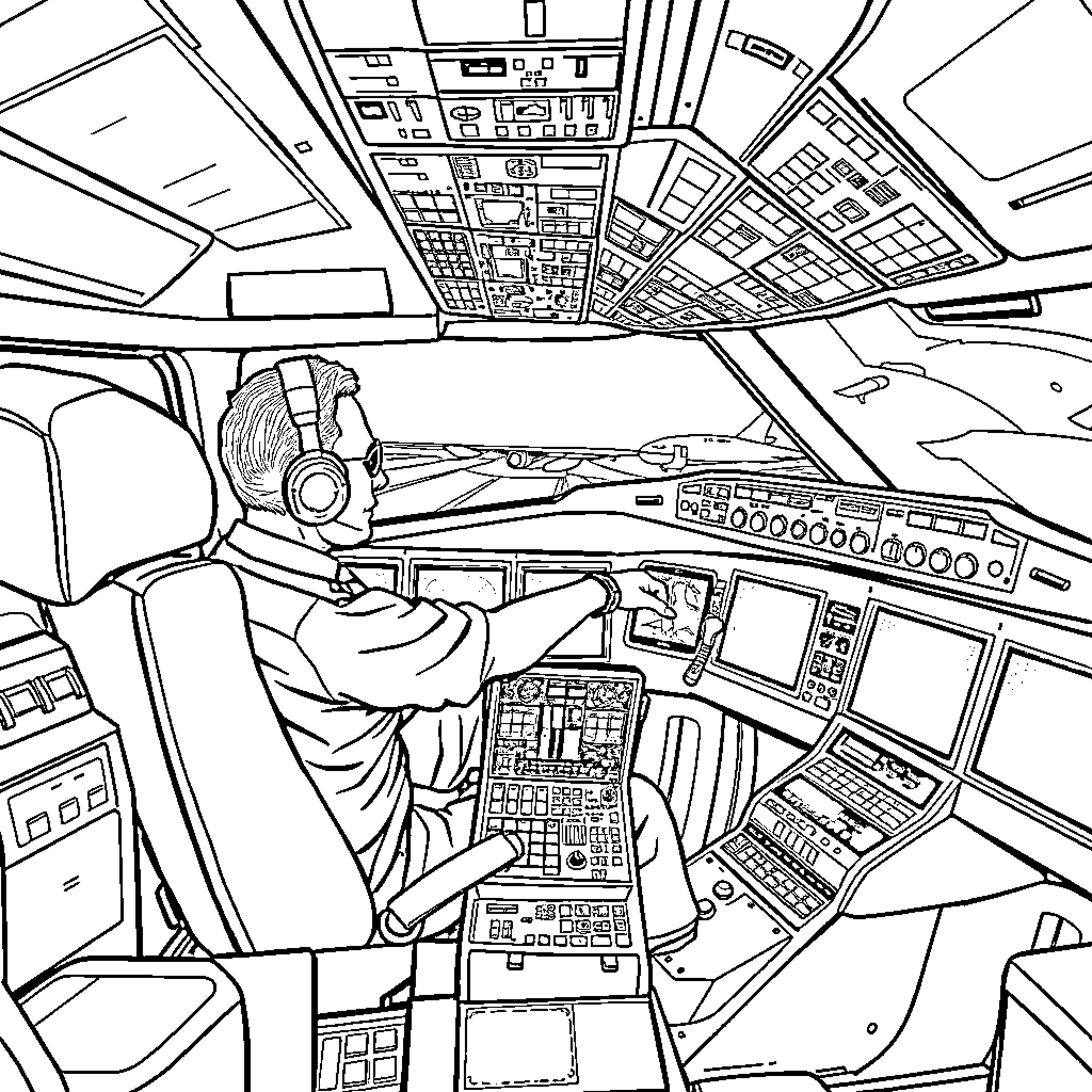 Pilot's Perspective Inside Cockpit of Airliner Coloring Page (free black-and-white line drawing printable PDF for all, from beginners to advanced learners, including children, teens, adults, and seniors)
