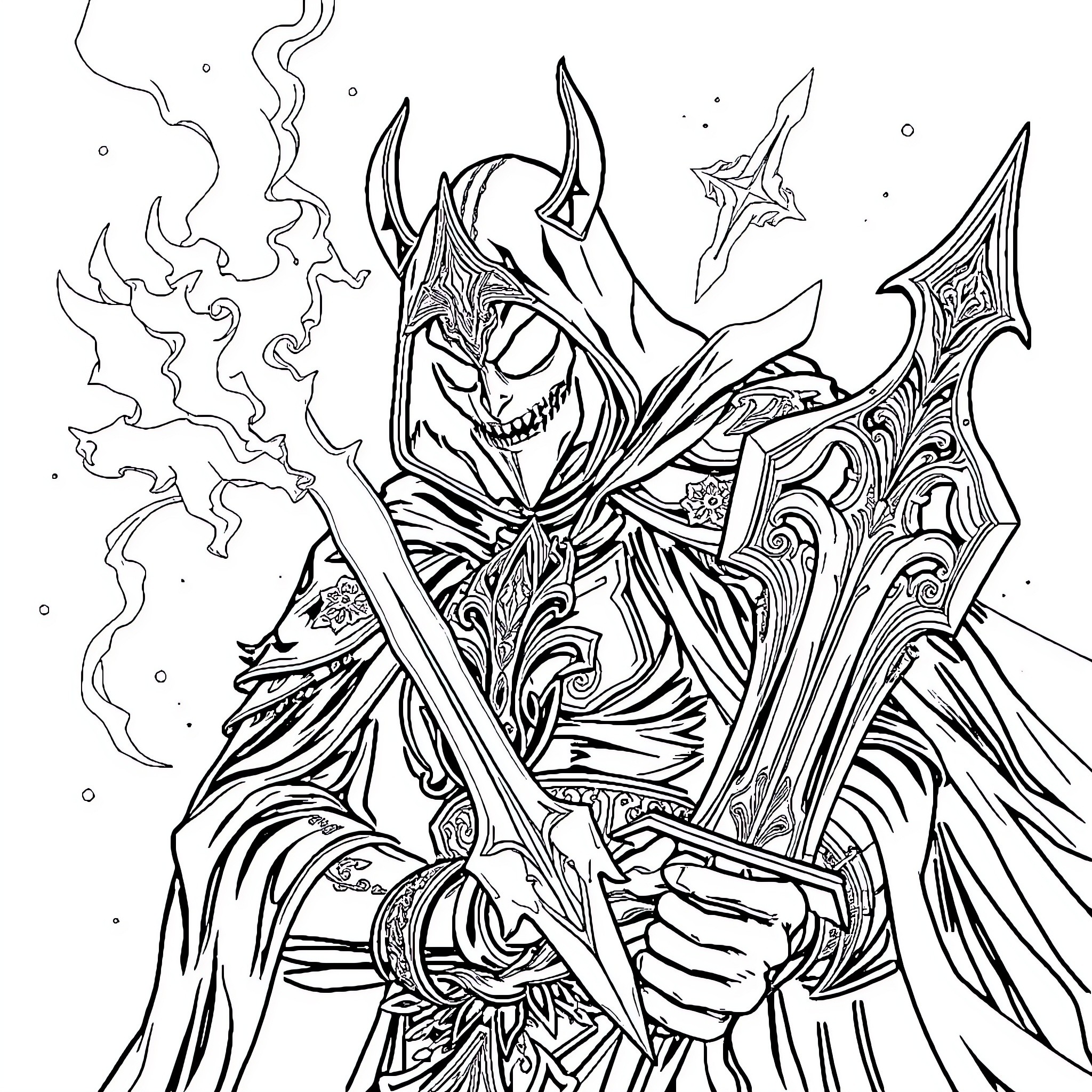Ghost Rider Wielding Fiery Weapons in Mystic Realm Coloring Page (free black-and-white line drawing printable PDF for all, from beginners to advanced learners, including children, teens, adults, and seniors)