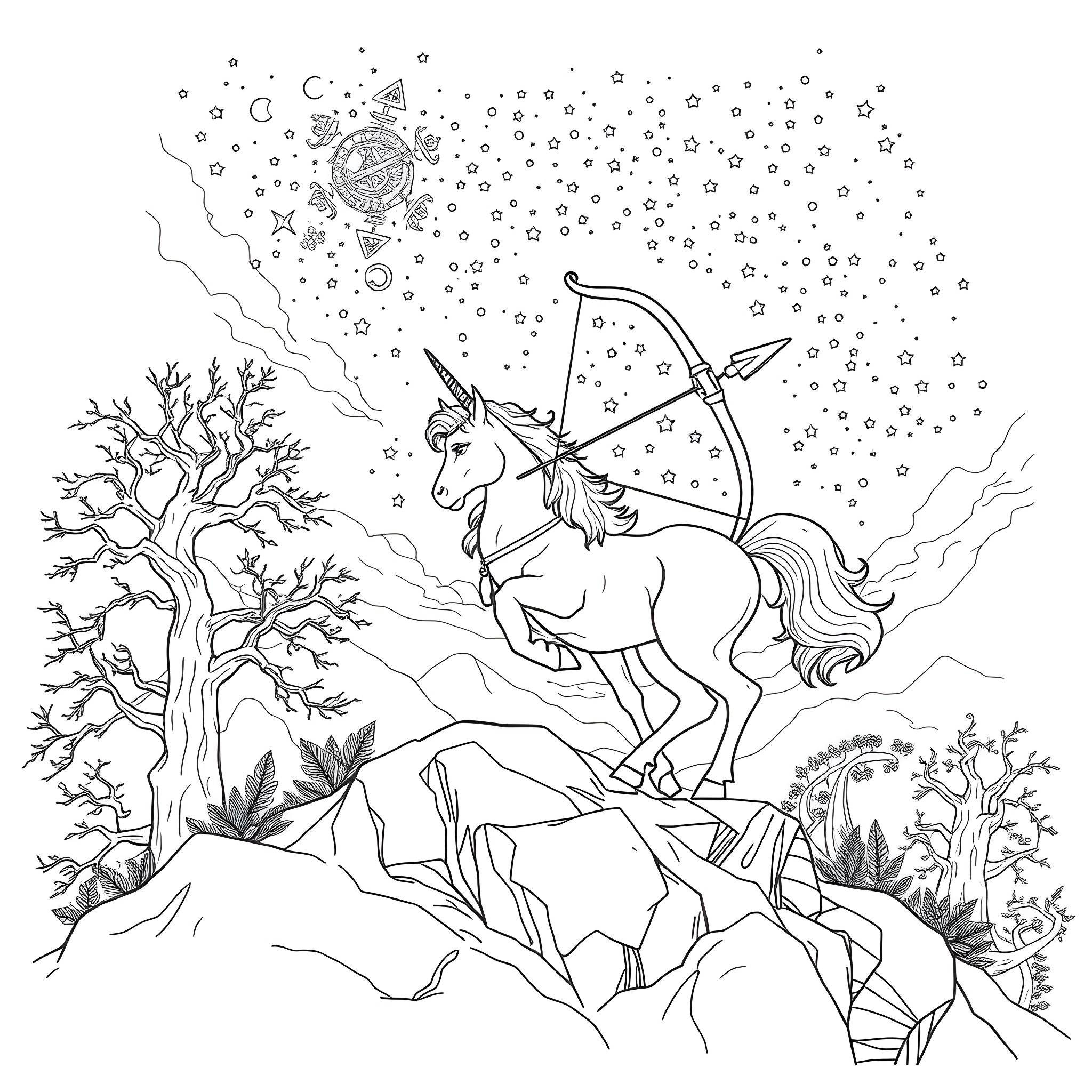 Sagittarius unicorn shoots arrow under starry night Coloring Page (free black-and-white line drawing printable PDF for all, from beginners to advanced learners, including children, teens, adults, and seniors)