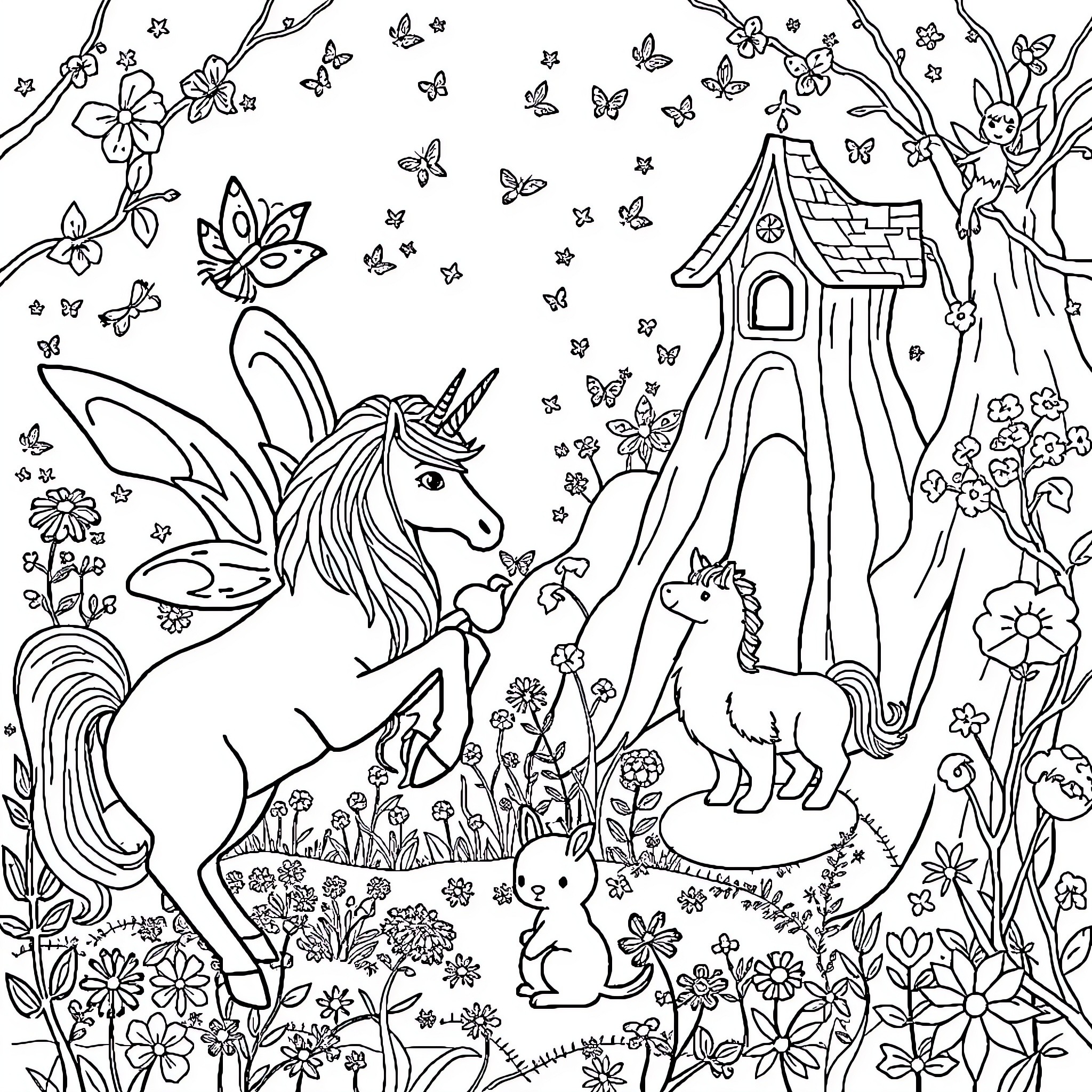 Fairy Meadow with Unicorns and Magical Creatures Coloring Page (free black-and-white line drawing printable PDF for all, from beginners to advanced learners, including children, teens, adults, and seniors)