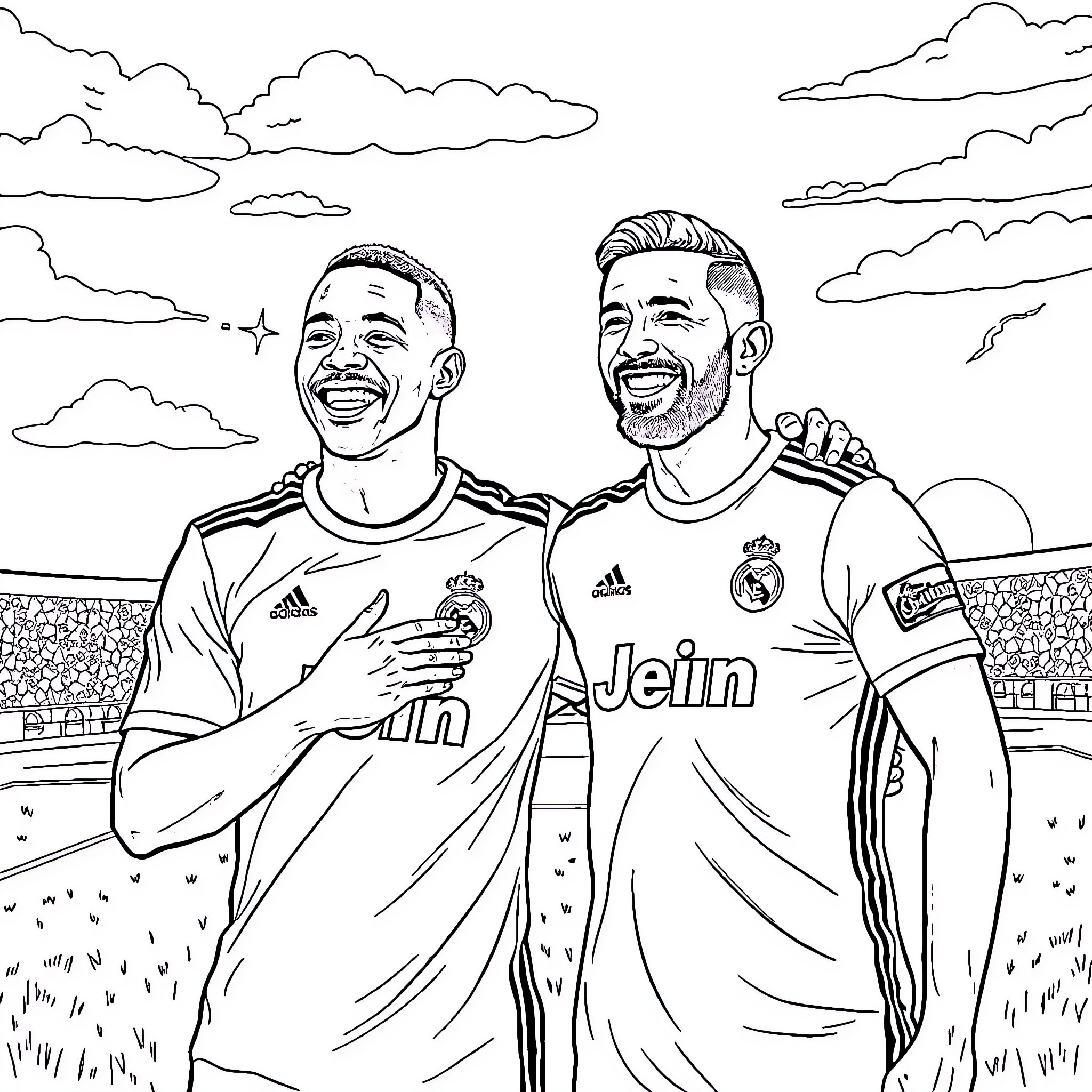Mbappe and Teammate Celebrating on the Field Coloring Page (free black-and-white line drawing printable PDF for all, from beginners to advanced learners, including children, teens, adults, and seniors)