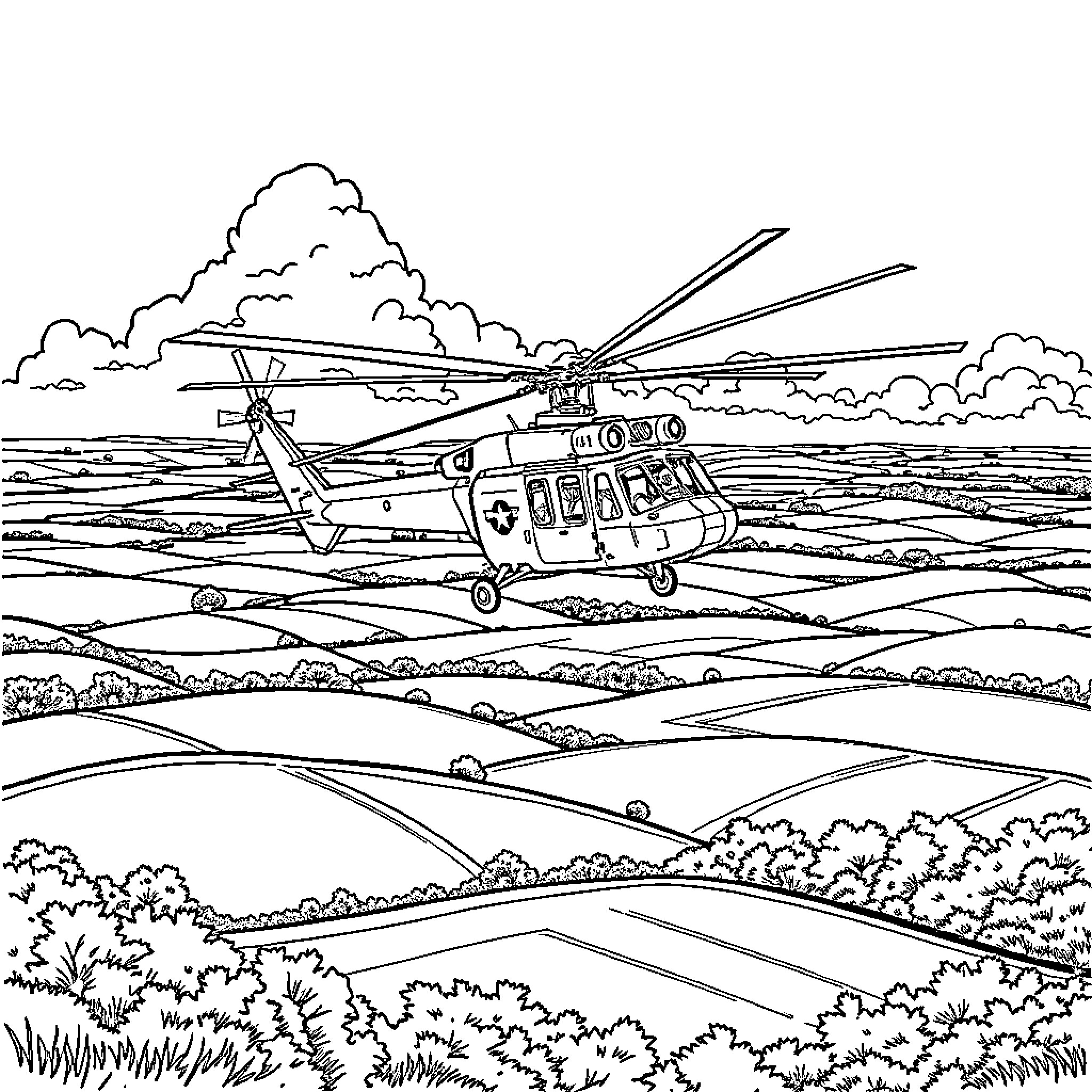 AH-64 helicopter flying over rural landscape Coloring Page (free black-and-white line drawing printable PDF for all, from beginners to advanced learners, including children, teens, adults, and seniors)