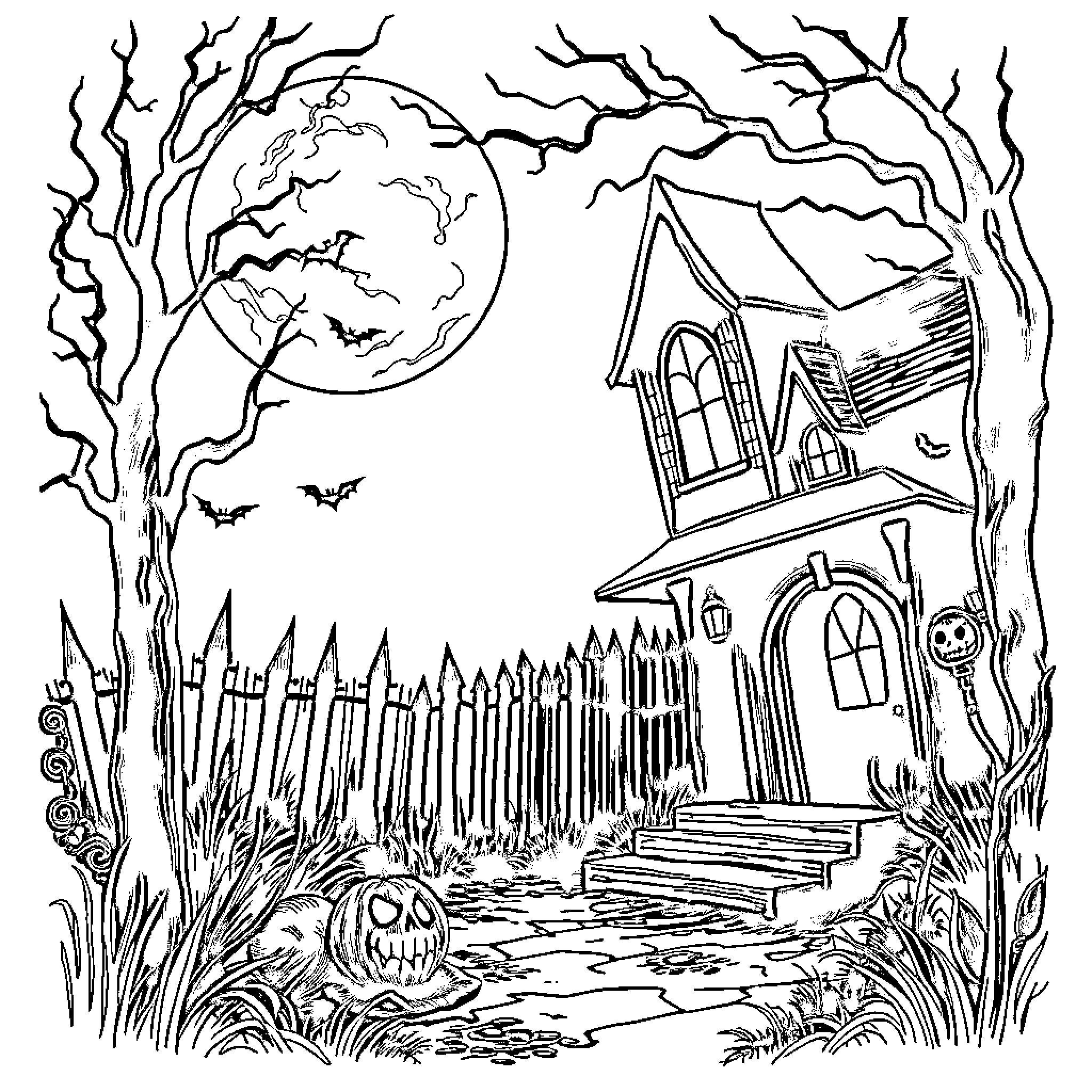 Spooky haunted house in the moonlight Coloring Page (free black-and-white line drawing printable PDF for all, from beginners to advanced learners, including children, teens, adults, and seniors)