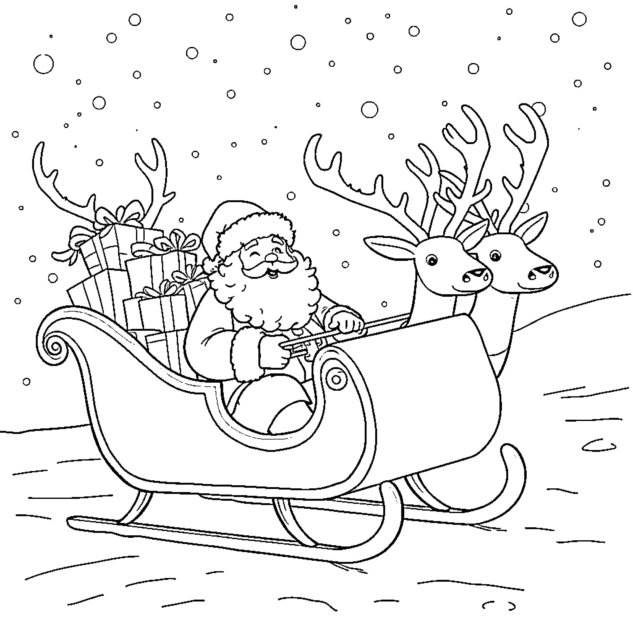 Santa Claus riding sleigh with reindeer and gifts Coloring Page (free black-and-white line drawing printable PDF for all, from beginners to advanced learners, including children, teens, adults, and seniors)