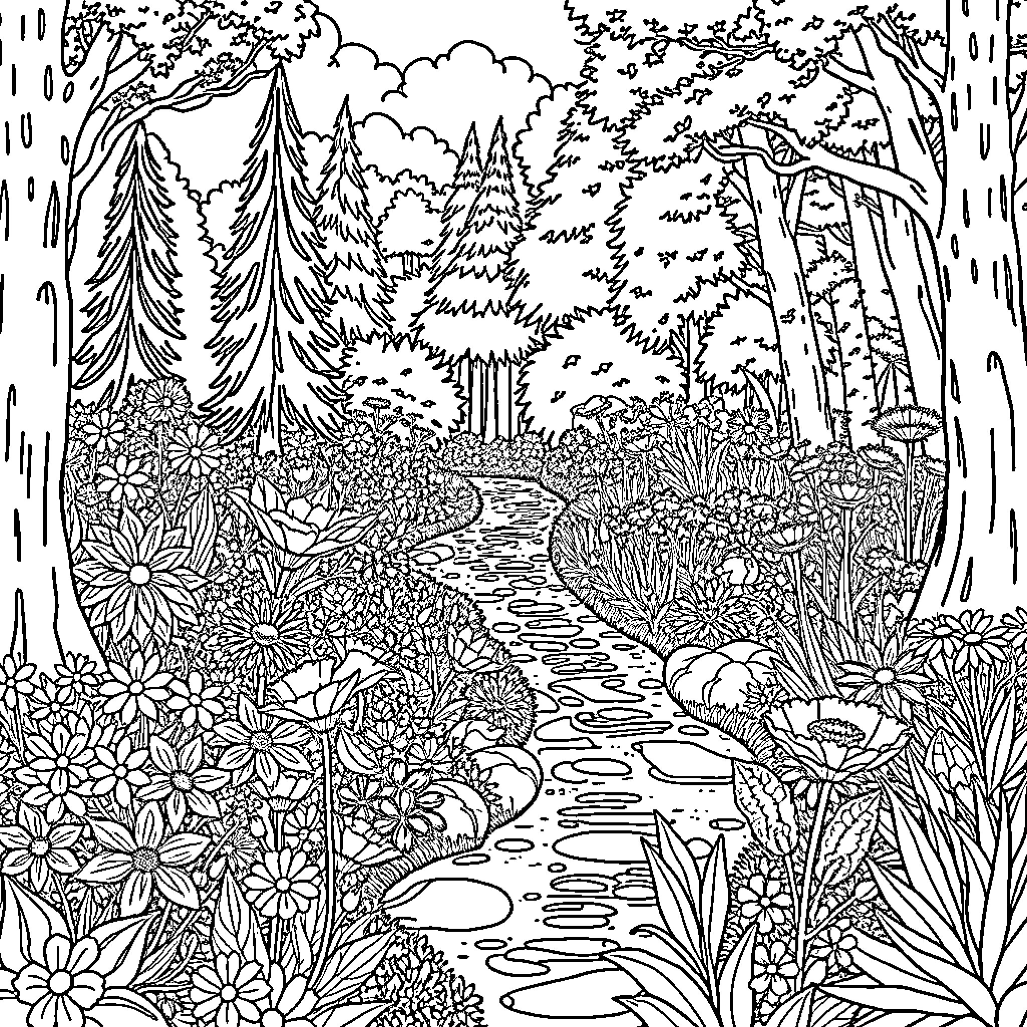 Garden Path Through the Serene Woodland Landscape Coloring Page (free black-and-white line drawing printable PDF for all, from beginners to advanced learners, including children, teens, adults, and seniors)