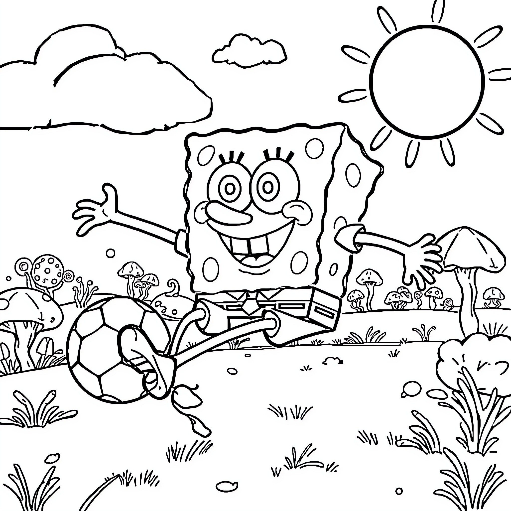 Spongebob enjoys a sunny day with soccer ball Coloring Page (free black-and-white line drawing printable PDF for all, from beginners to advanced learners, including children, teens, adults, and seniors)