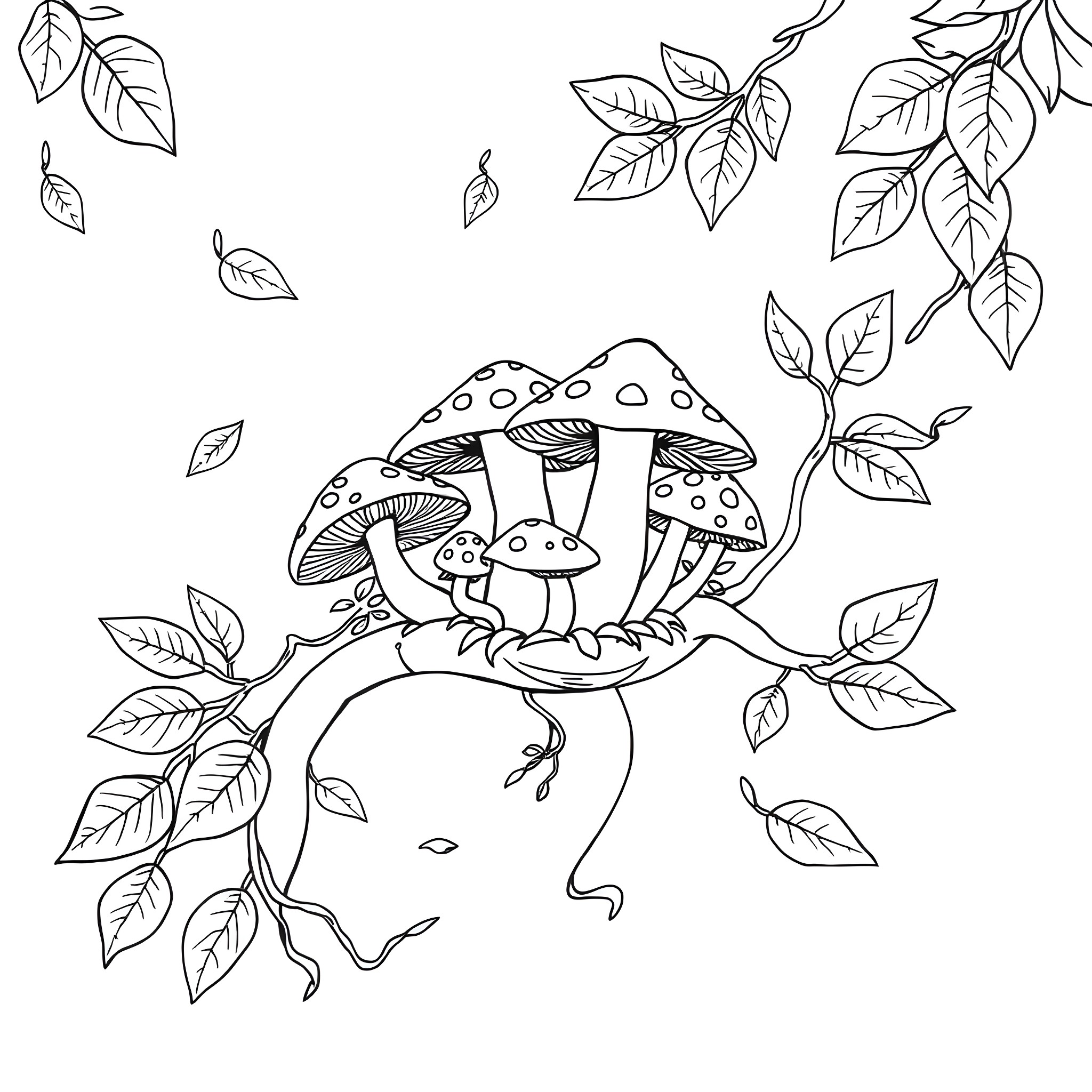 Mushroom forest with falling leaves Coloring Page (free black-and-white line drawing printable PDF for all, from beginners to advanced learners, including children, teens, adults, and seniors)