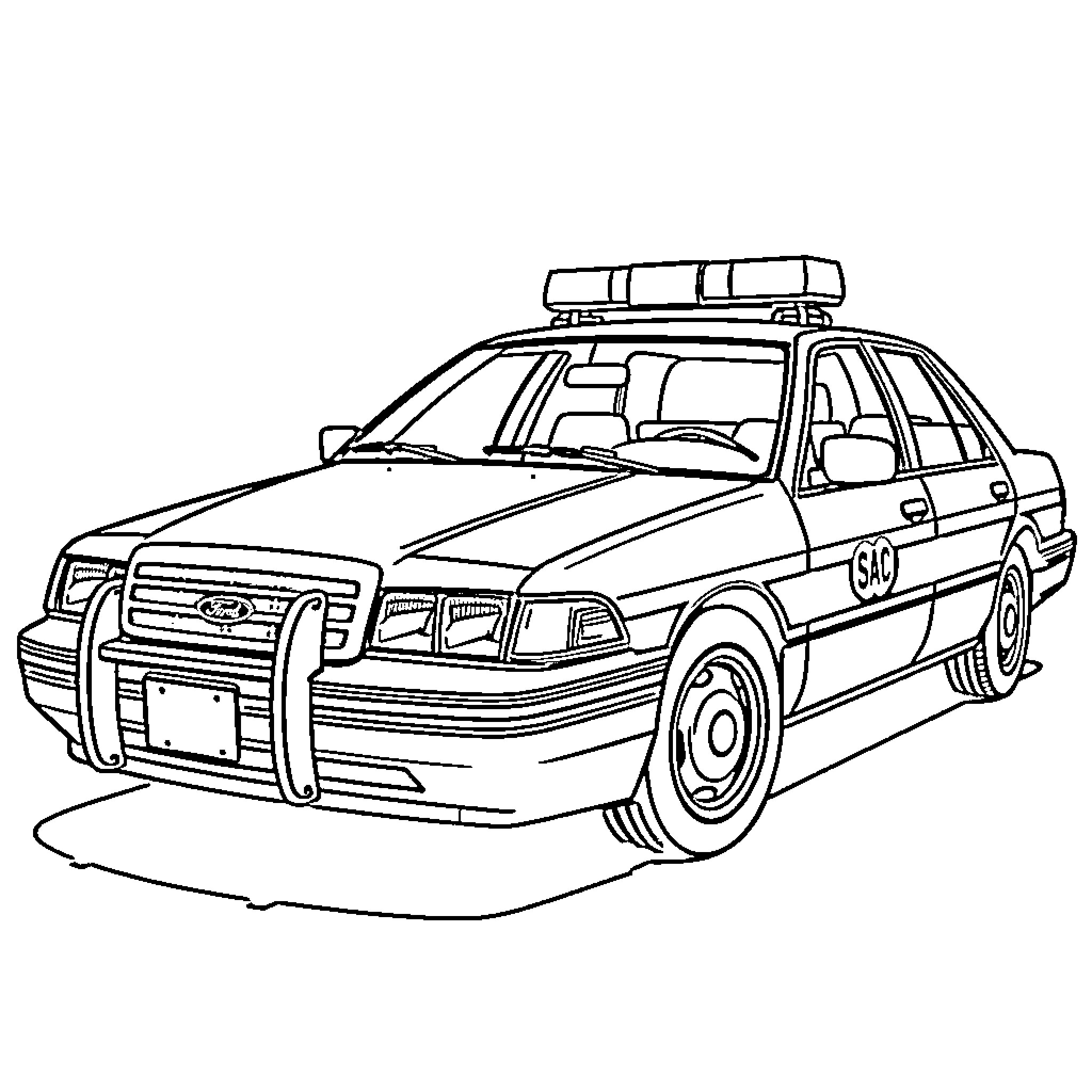 Ford police car with emergency lights and equipment Coloring Page (free black-and-white line drawing printable PDF for all, from beginners to advanced learners, including children, teens, adults, and seniors)