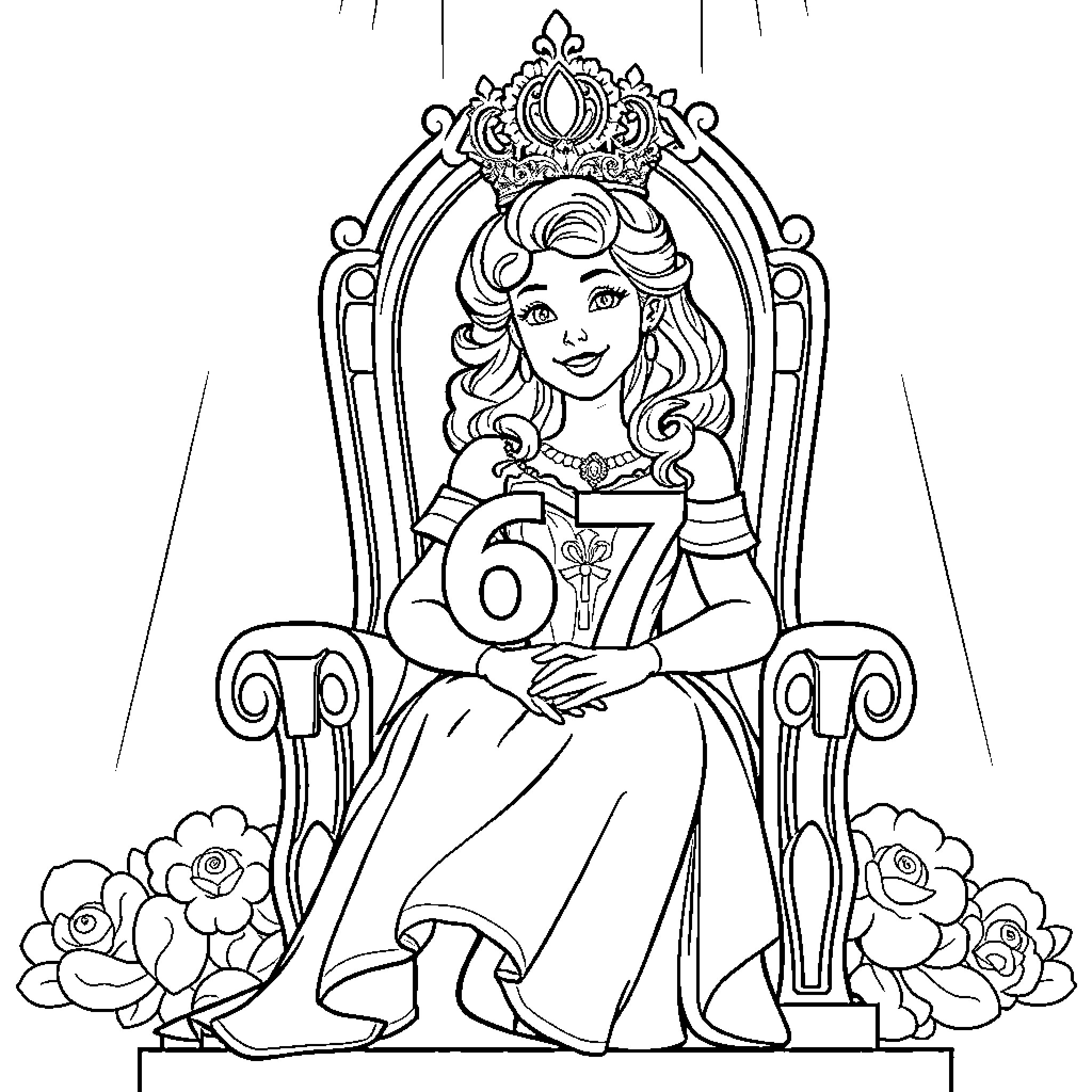Princess sitting on elegant throne surrounded by flowers Coloring Page (free black-and-white line drawing printable PDF for all, from beginners to advanced learners, including children, teens, adults, and seniors)
