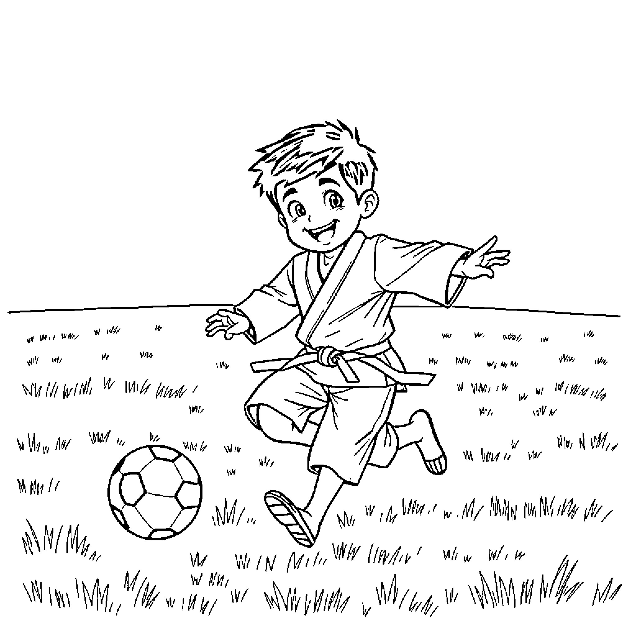 Boy playing joyfully with soccer ball in the field Coloring Page (free black-and-white line drawing printable PDF for all, from beginners to advanced learners, including children, teens, adults, and seniors)