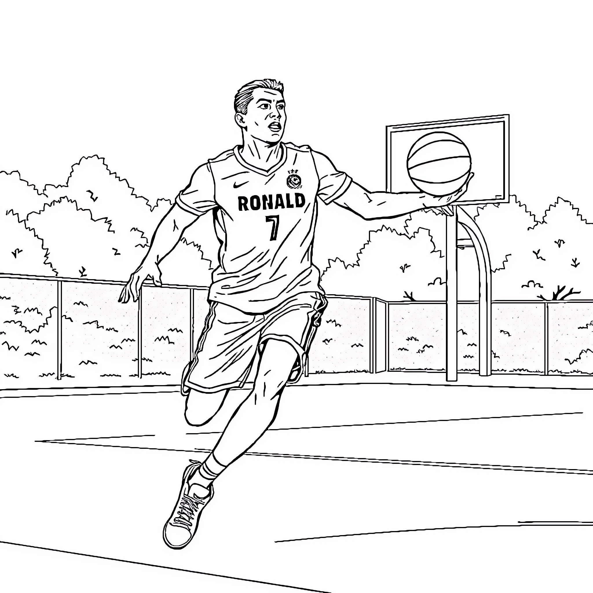 Ronaldo dribbling with basketball on outdoor court Coloring Page (free black-and-white line drawing printable PDF for all, from beginners to advanced learners, including children, teens, adults, and seniors)
