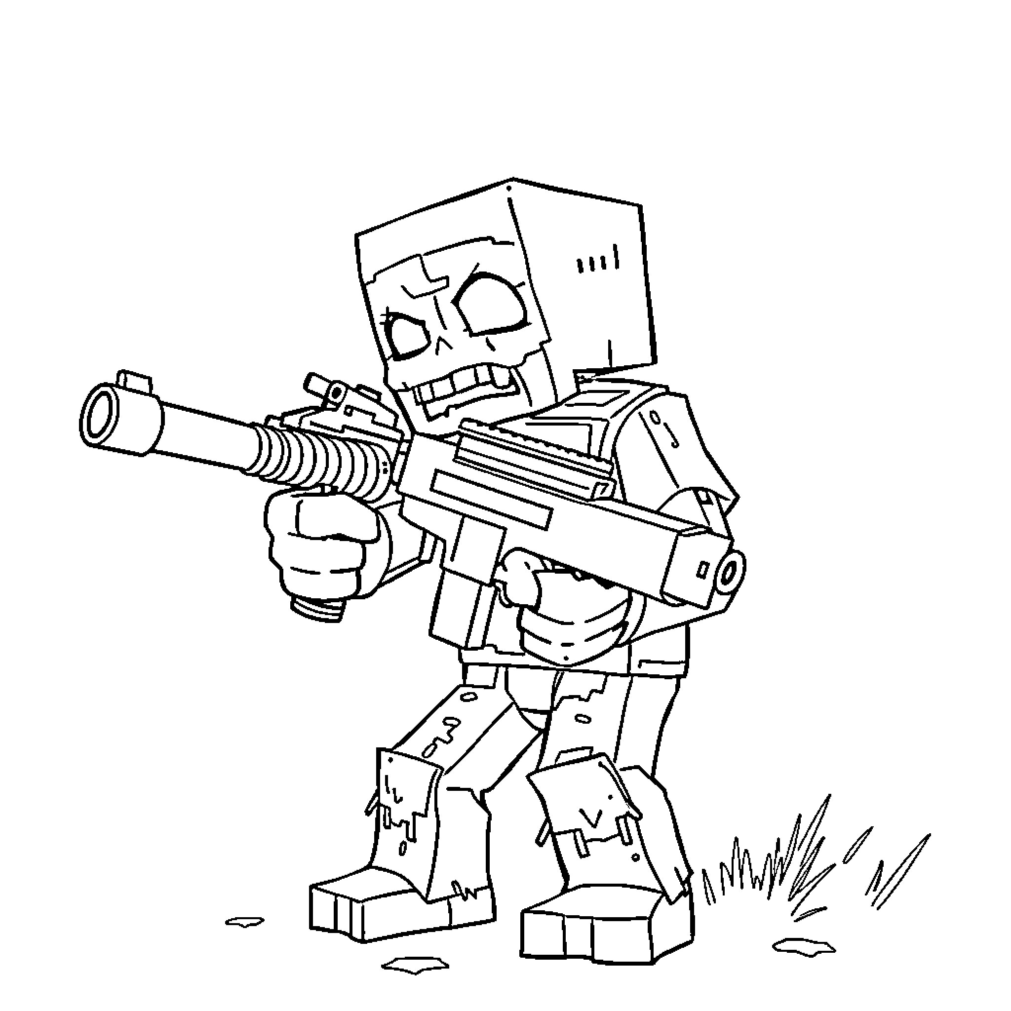 Zombie Robot Soldier Wielding Futuristic Weapon Coloring Page (free black-and-white line drawing printable PDF for all, from beginners to advanced learners, including children, teens, adults, and seniors)