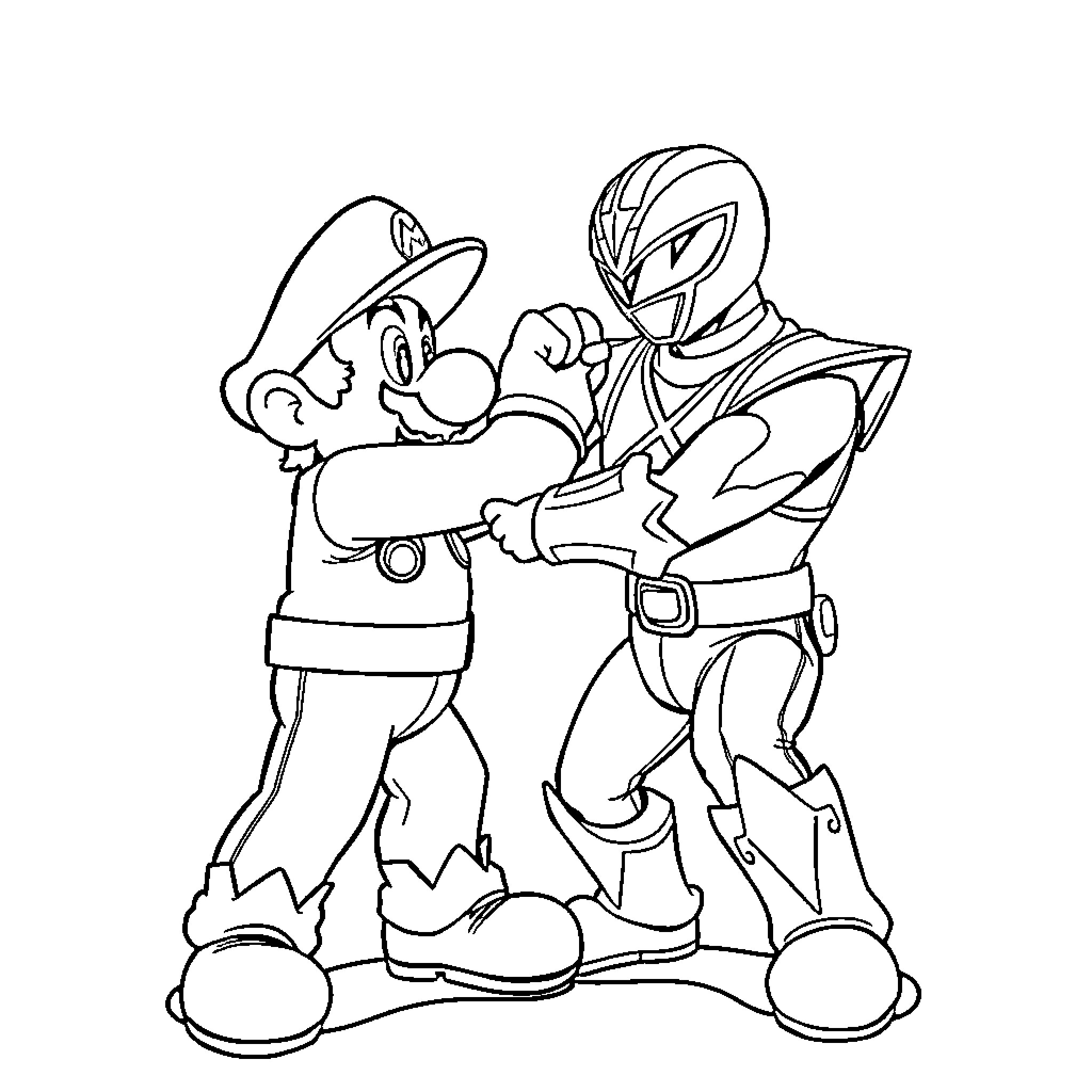 Mario and Robot Hero Duo in Action Coloring Page (free black-and-white line drawing printable PDF for all, from beginners to advanced learners, including children, teens, adults, and seniors)