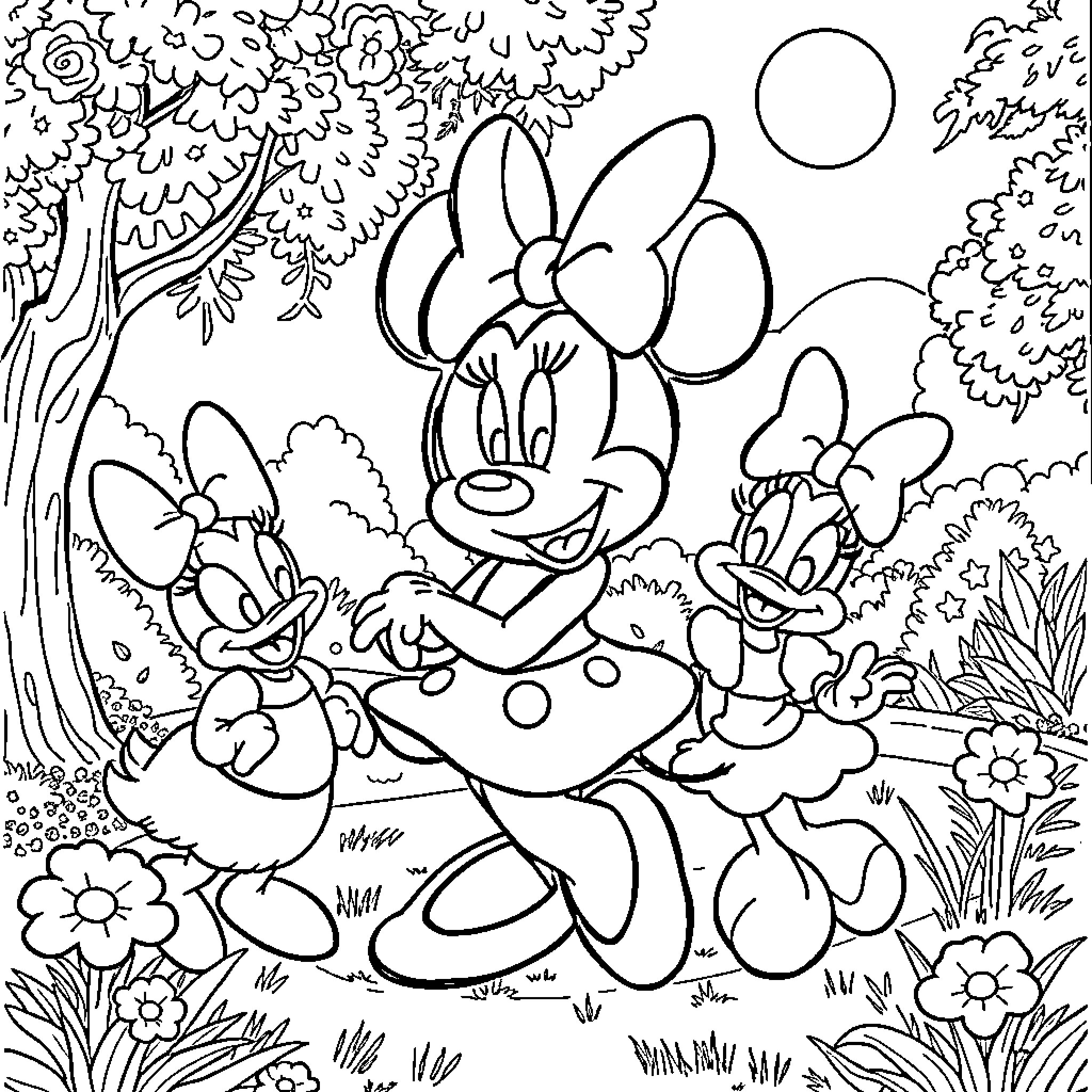 Minnie Mouse's Magical Forest Adventure Coloring Page (free black-and-white line drawing printable PDF for all, from beginners to advanced learners, including children, teens, adults, and seniors)