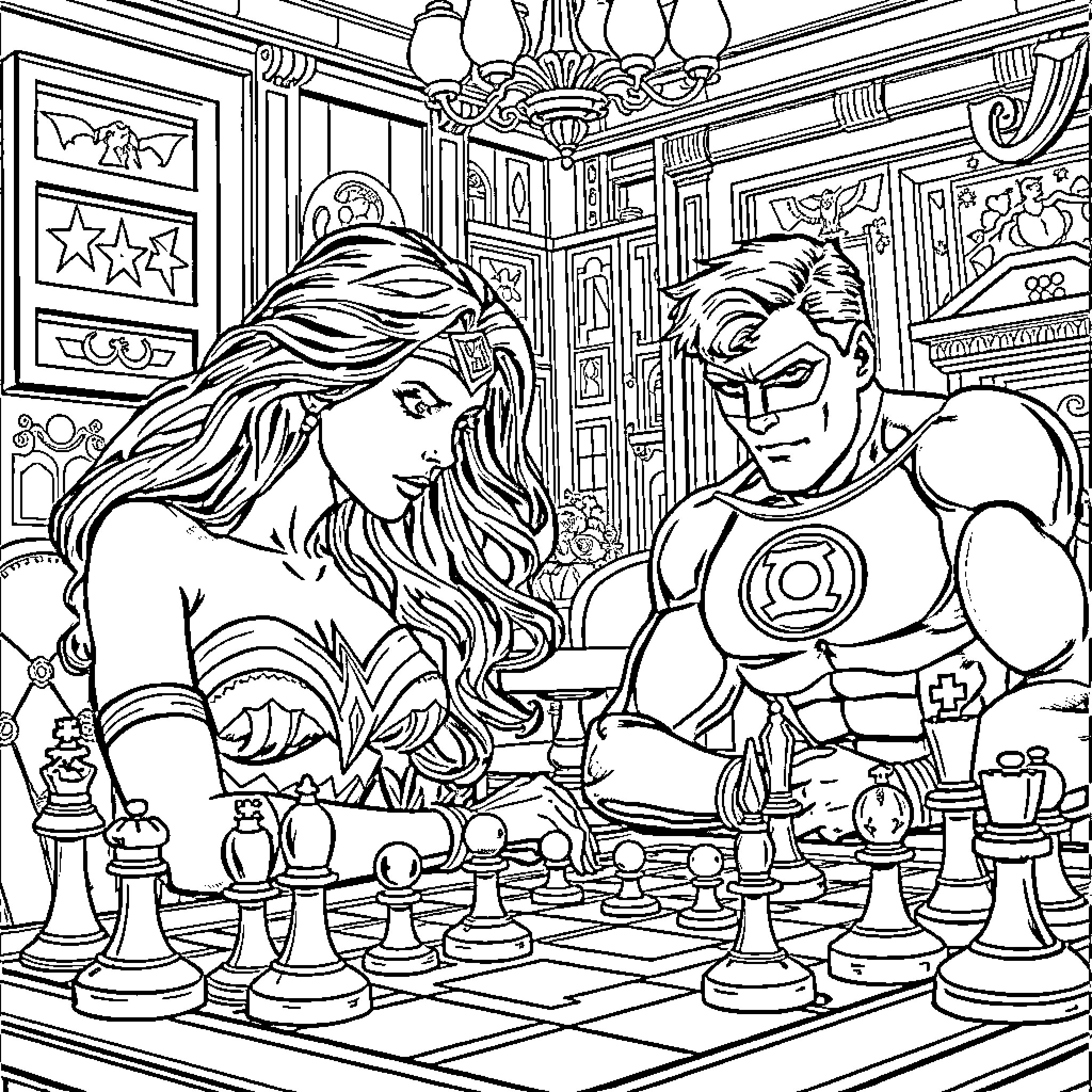 Wonder Woman and Superhero Playing Chess in Elegant Mansion Coloring Page (free black-and-white line drawing printable PDF for all, from beginners to advanced learners, including children, teens, adults, and seniors)