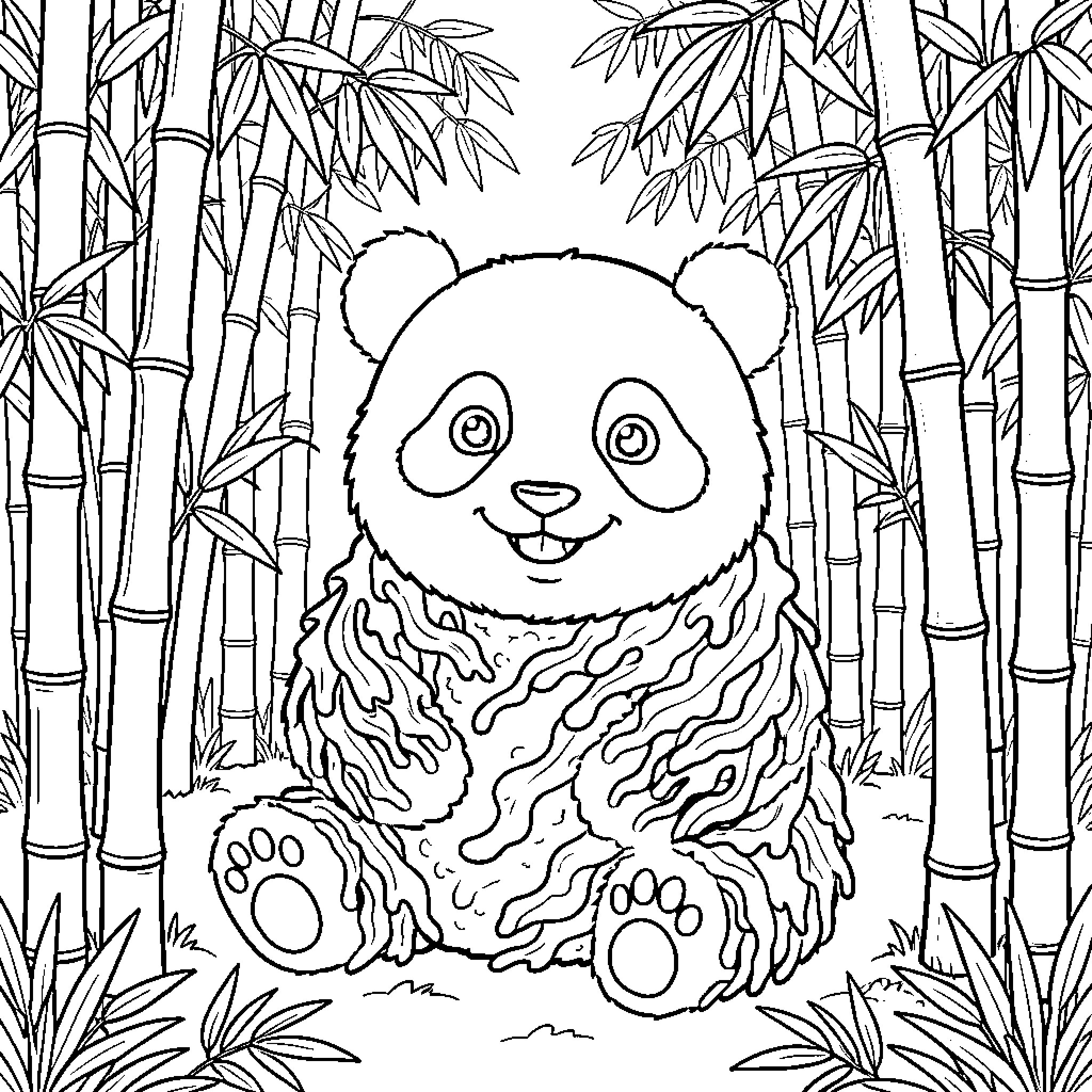 Panda enjoying bamboo forest scenery Coloring Page (free black-and-white line drawing printable PDF for all, from beginners to advanced learners, including children, teens, adults, and seniors)