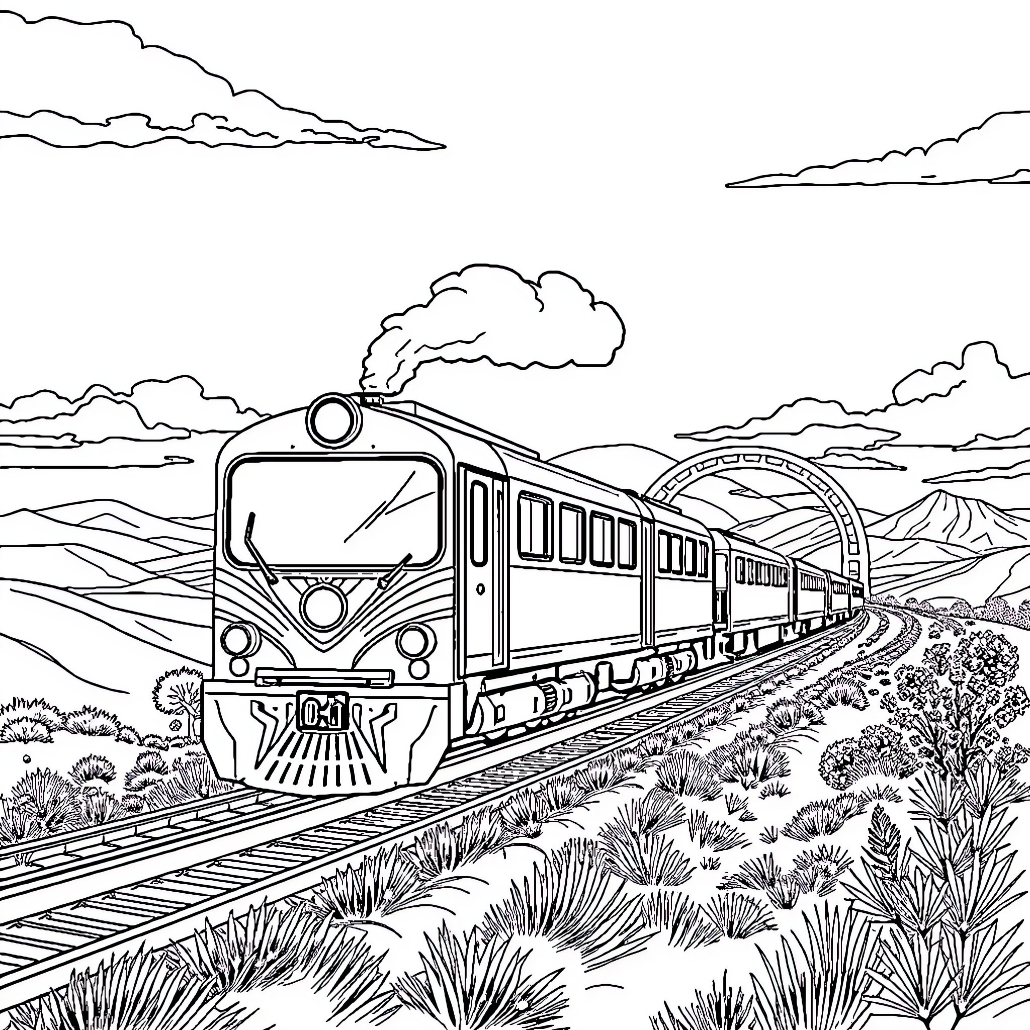 Train traveling through scenic countryside landscape Coloring Page (free black-and-white line drawing printable PDF for all, from beginners to advanced learners, including children, teens, adults, and seniors)